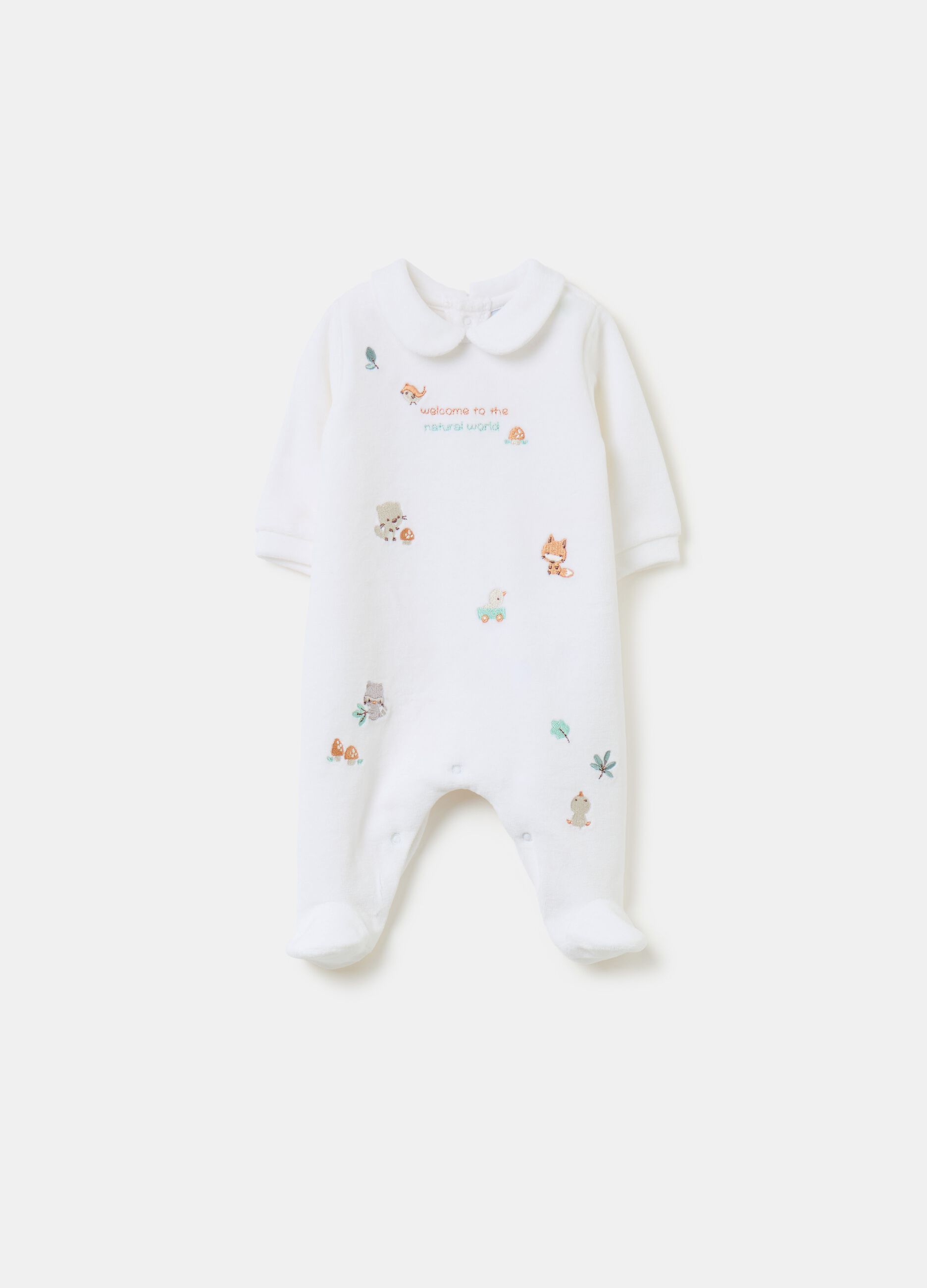 Velour onesie with feet and animals embroidery