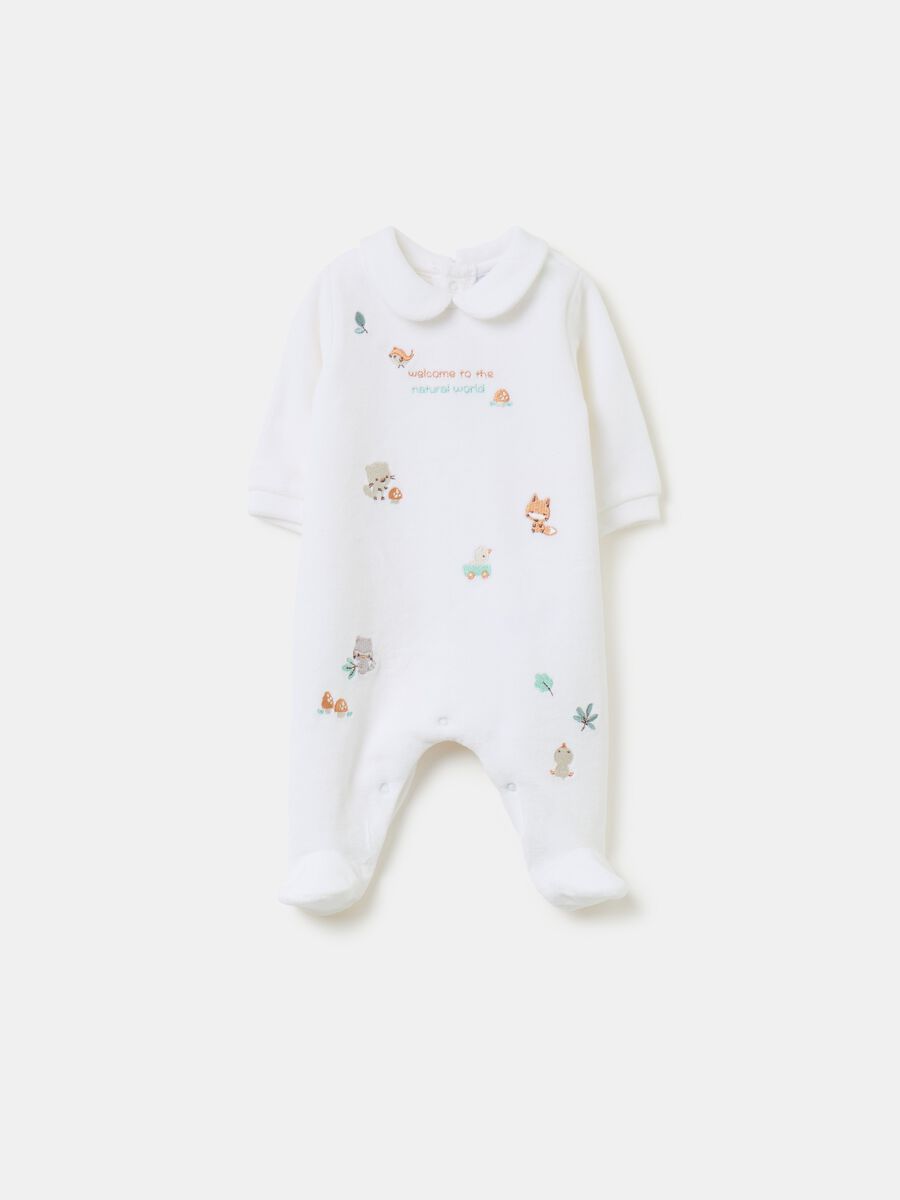 Velour onesie with feet and animals embroidery_0