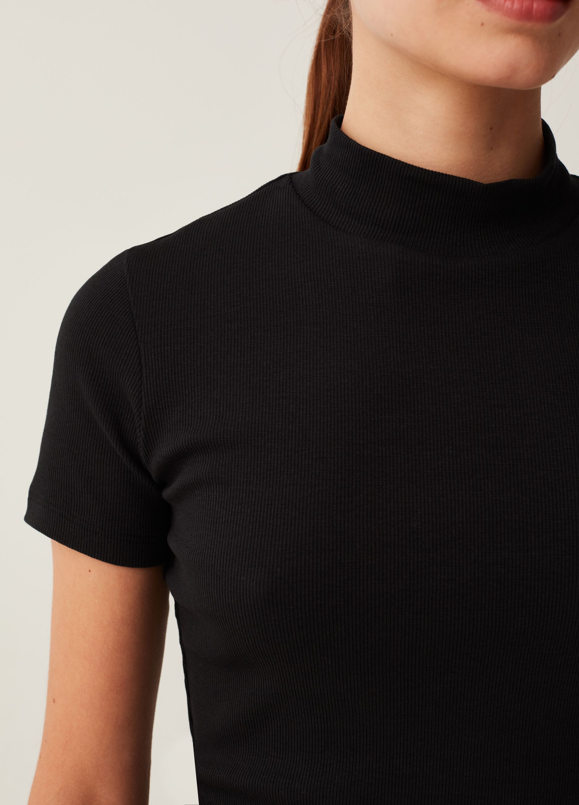 Slim ribbed T-shirt with mock neck