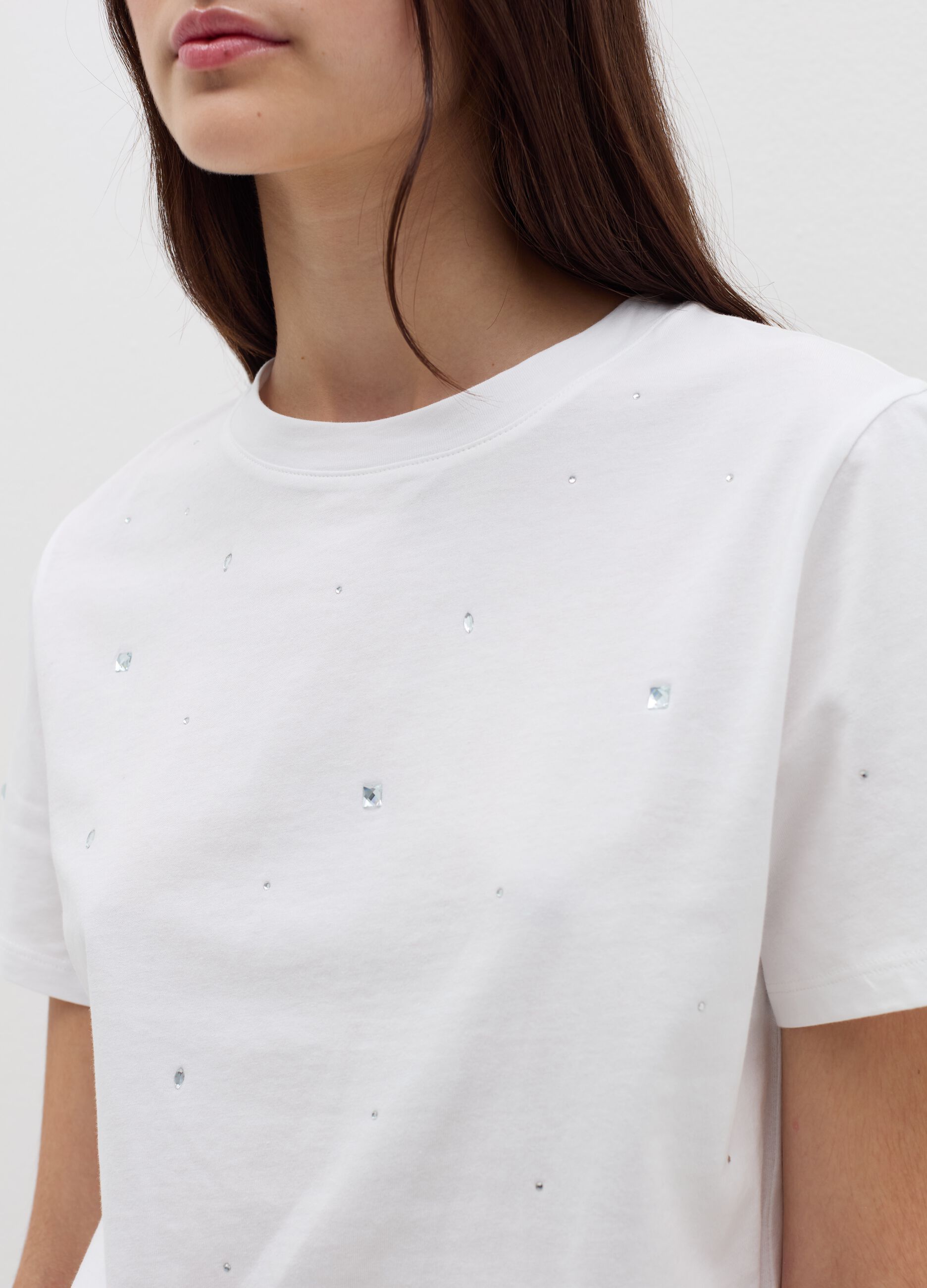 Cotton T-shirt with diamanté motifs