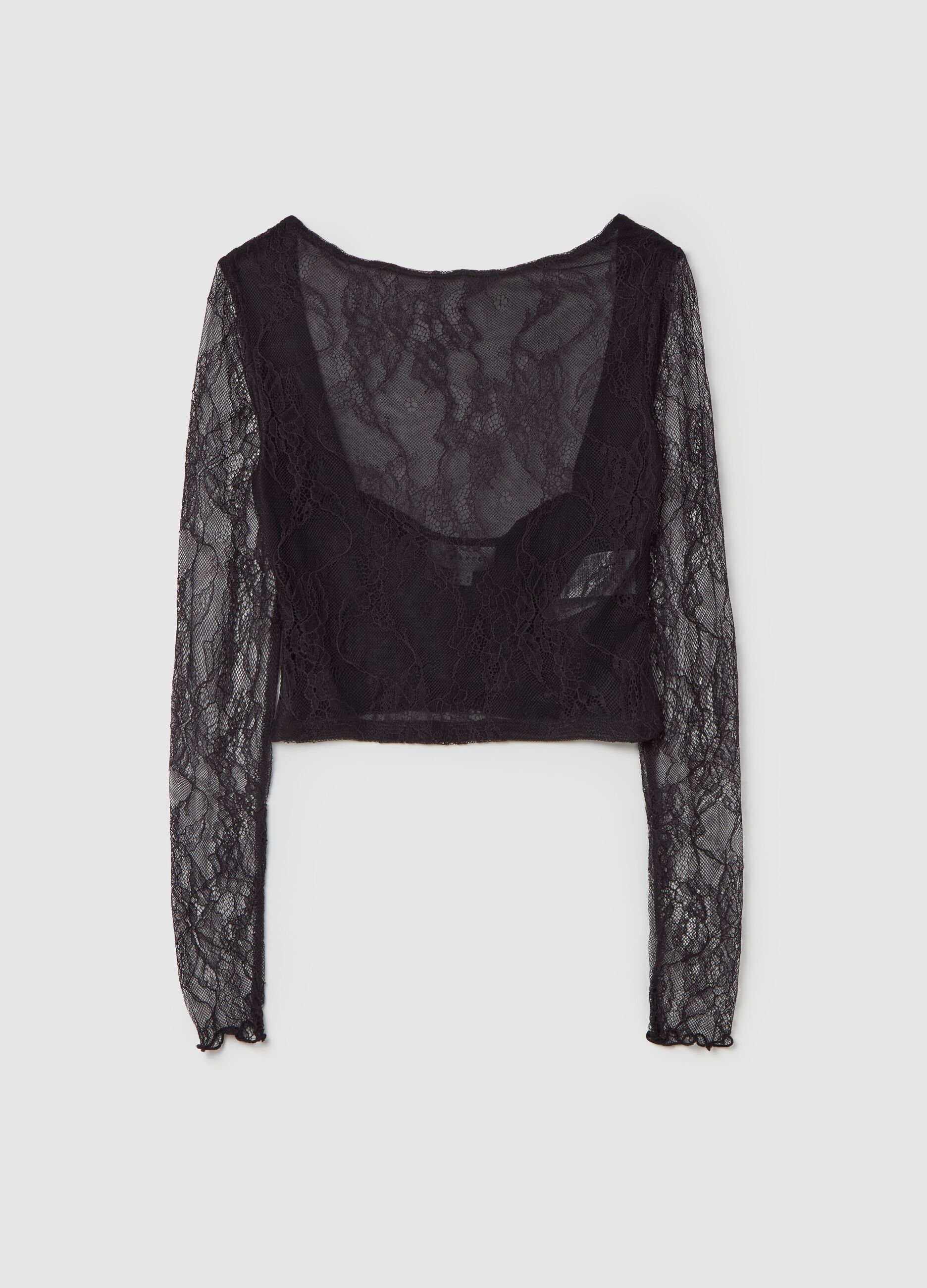 T-shirt crop in pizzo con maniche lunghe