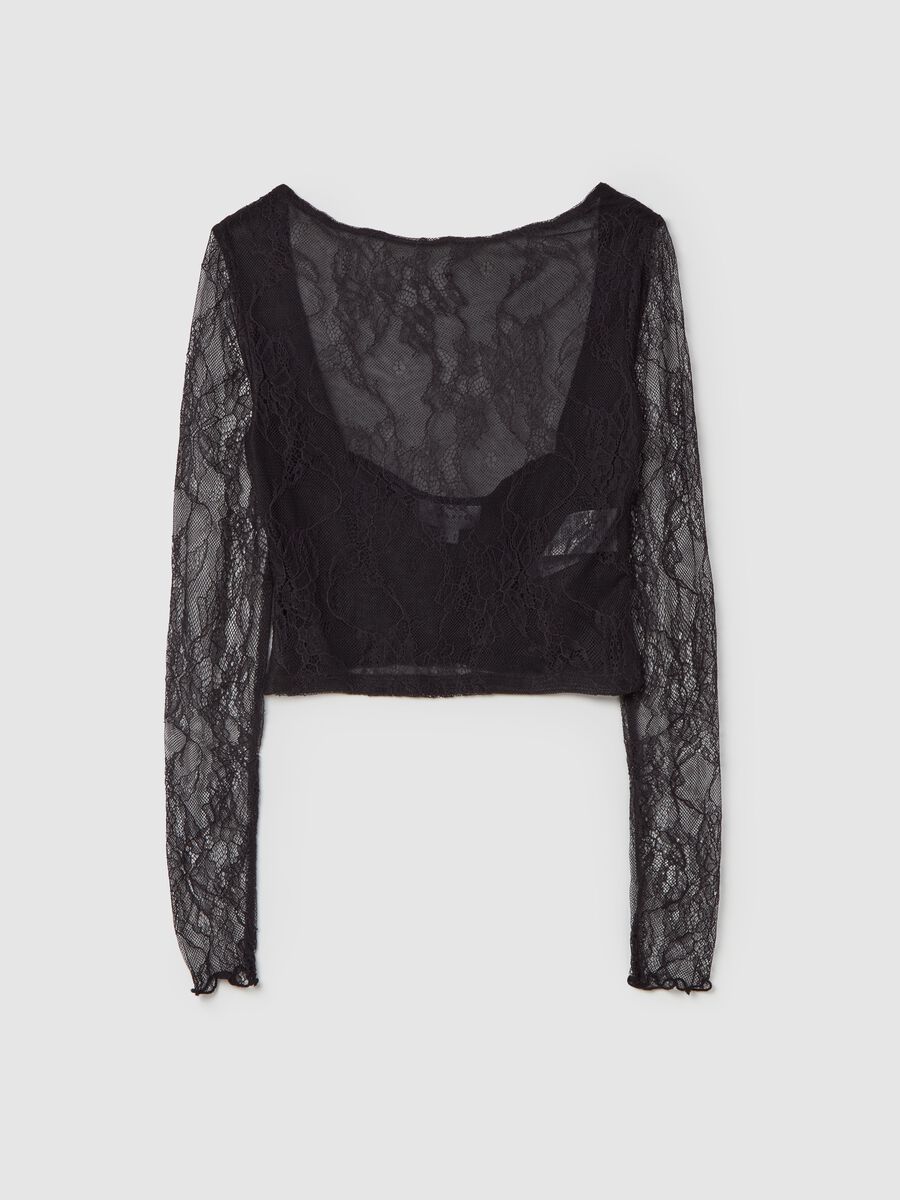 T-shirt crop in pizzo con maniche lunghe_4