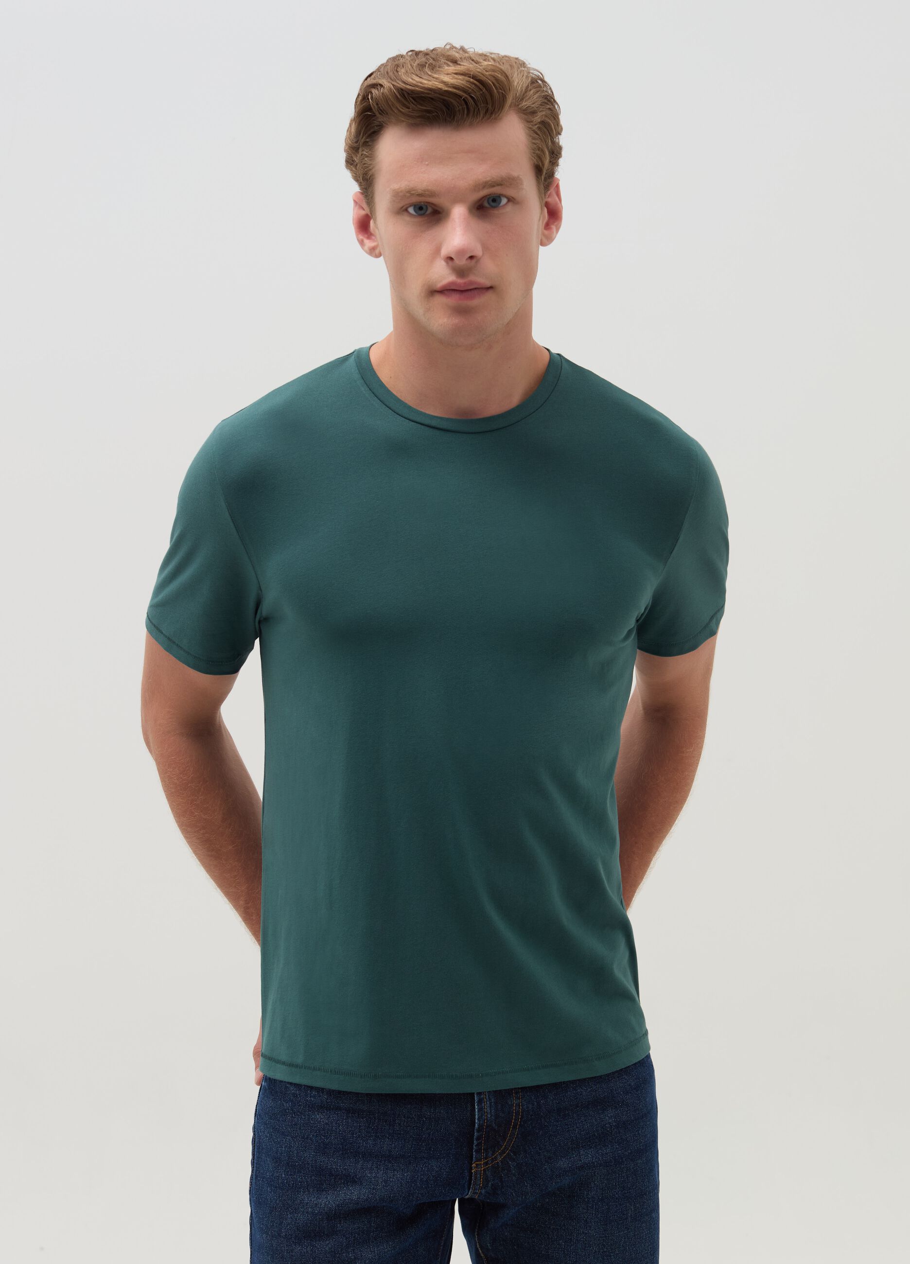 Stretch cotton T-shirt with crew-neck