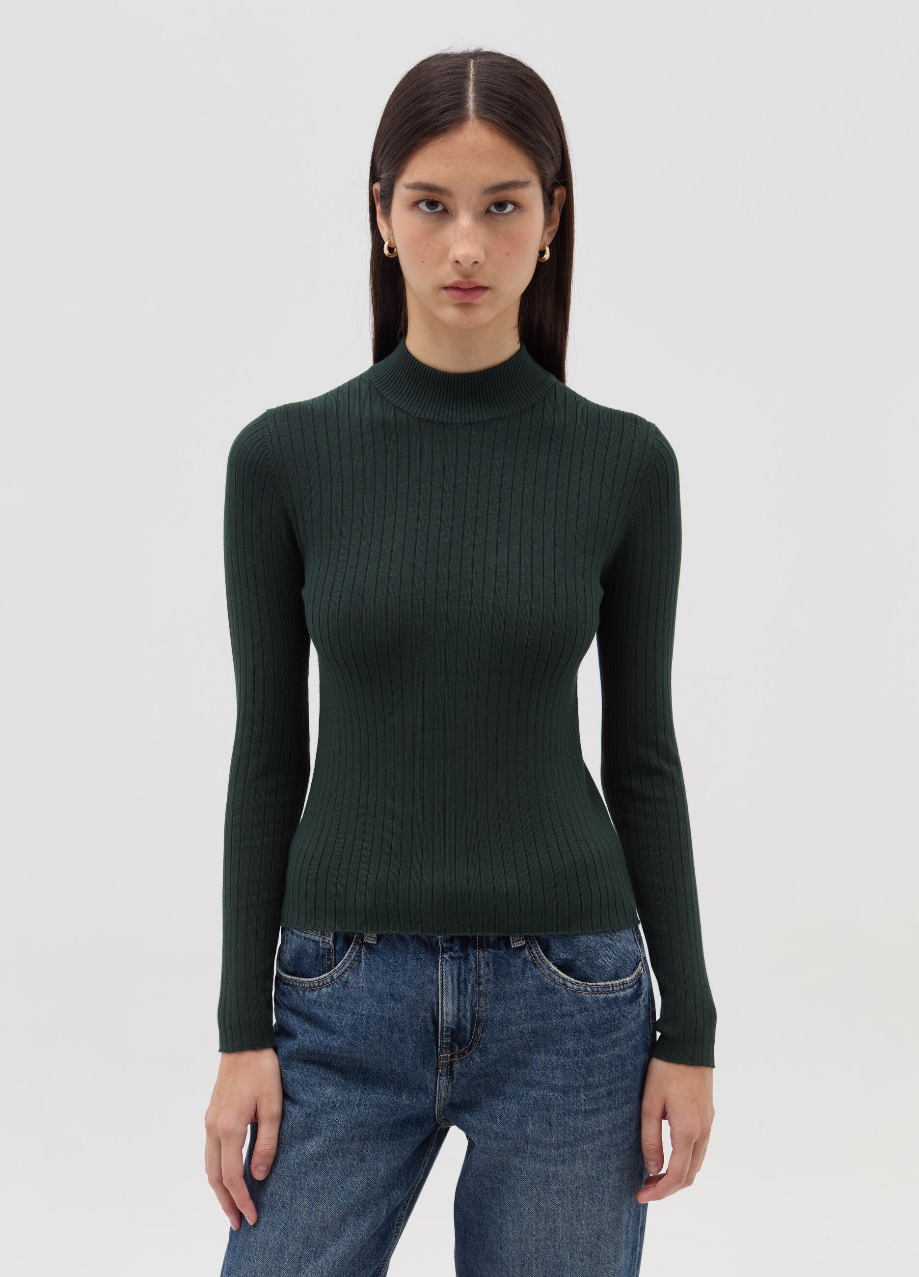 Flat ribbed top with mock neck