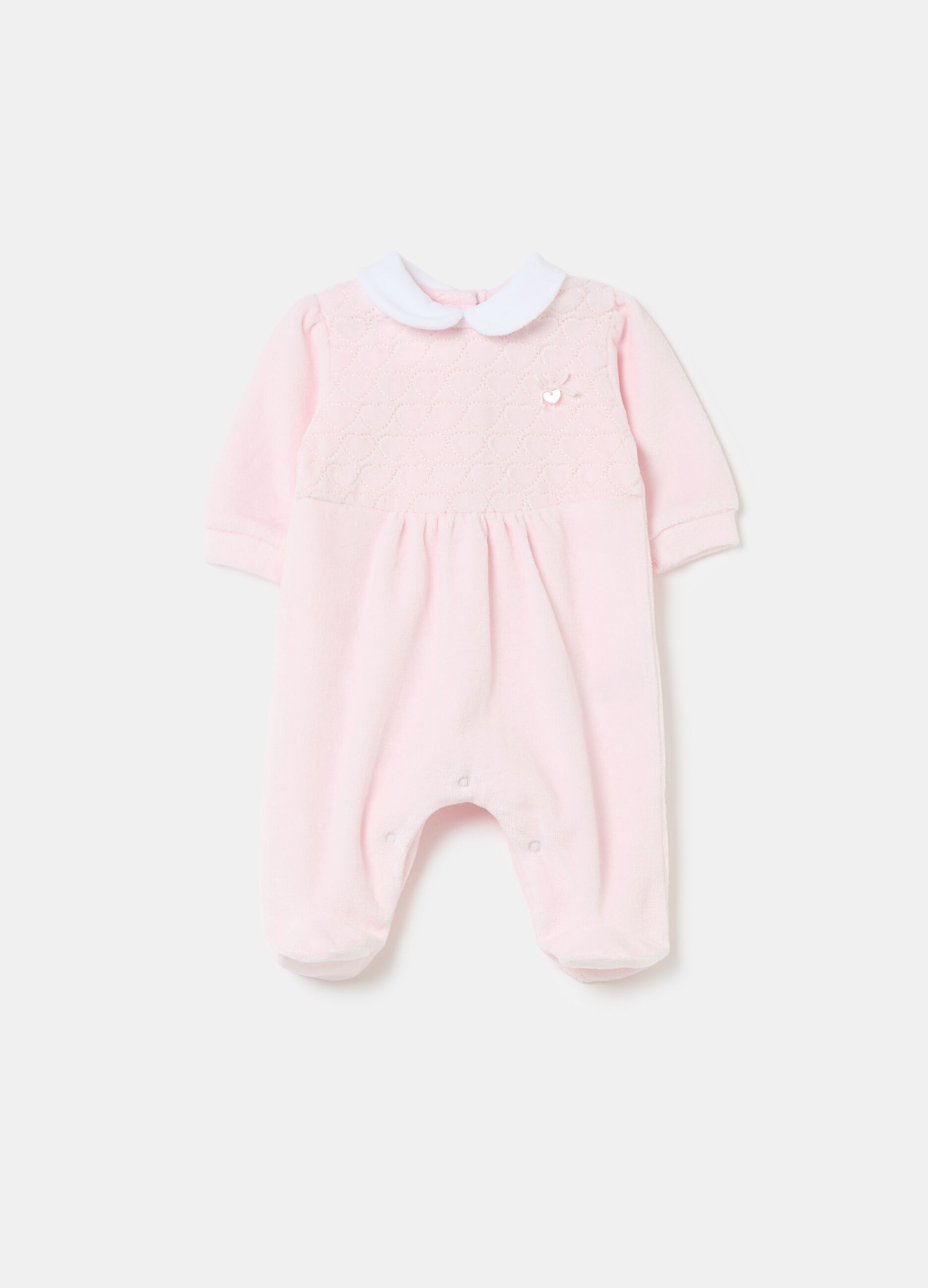 Velour onesie with feet and small hearts embroidery