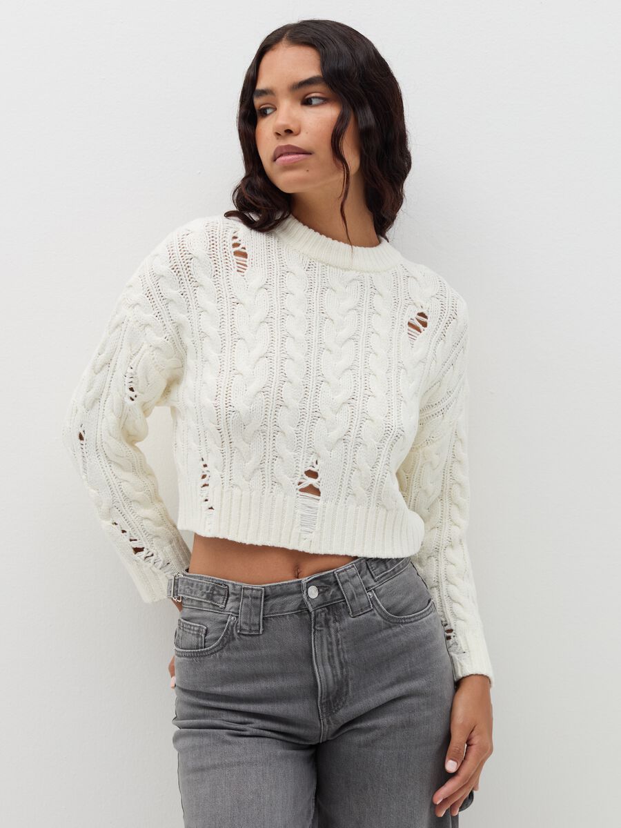 Crop cable-knit pullover with abrasions_1