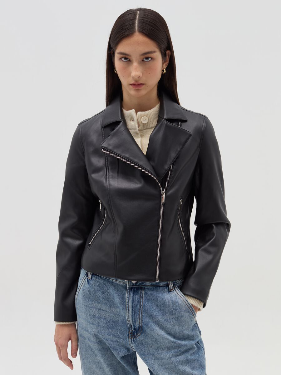 Glossy-effect biker jacket with zip_1