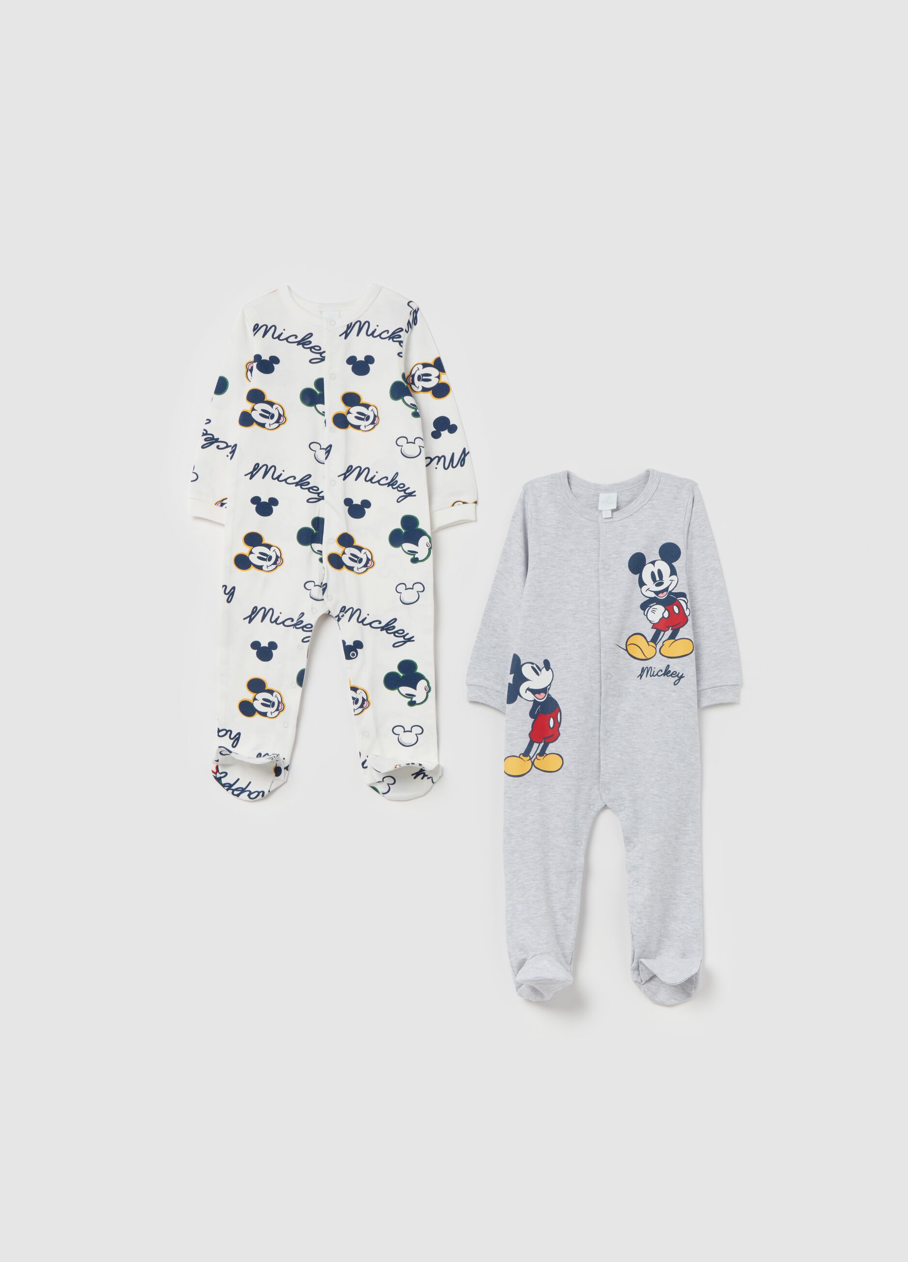 Two-pack onesies with feet and Mickey Mouse print