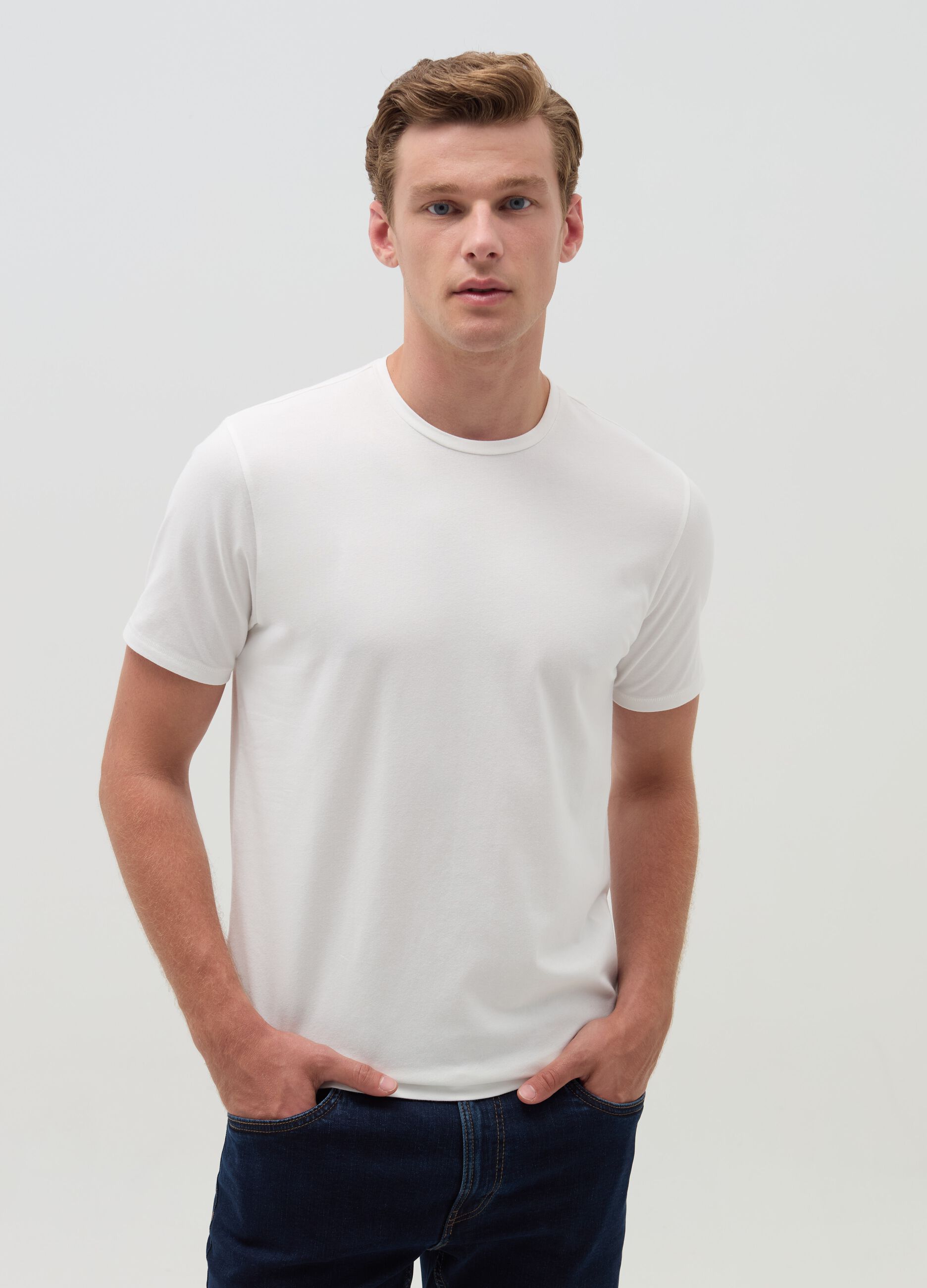 Stretch cotton T-shirt with crew-neck