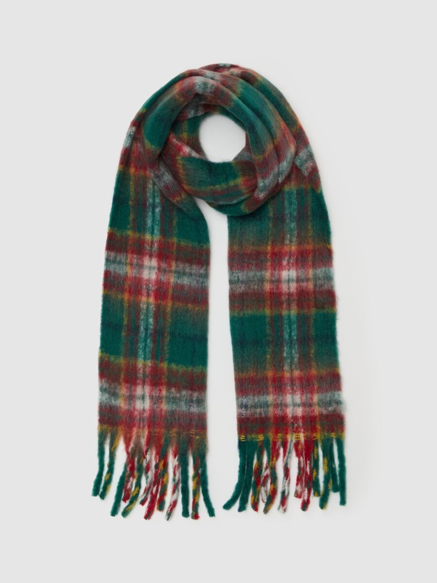 Chequered print scarf with fringe_0