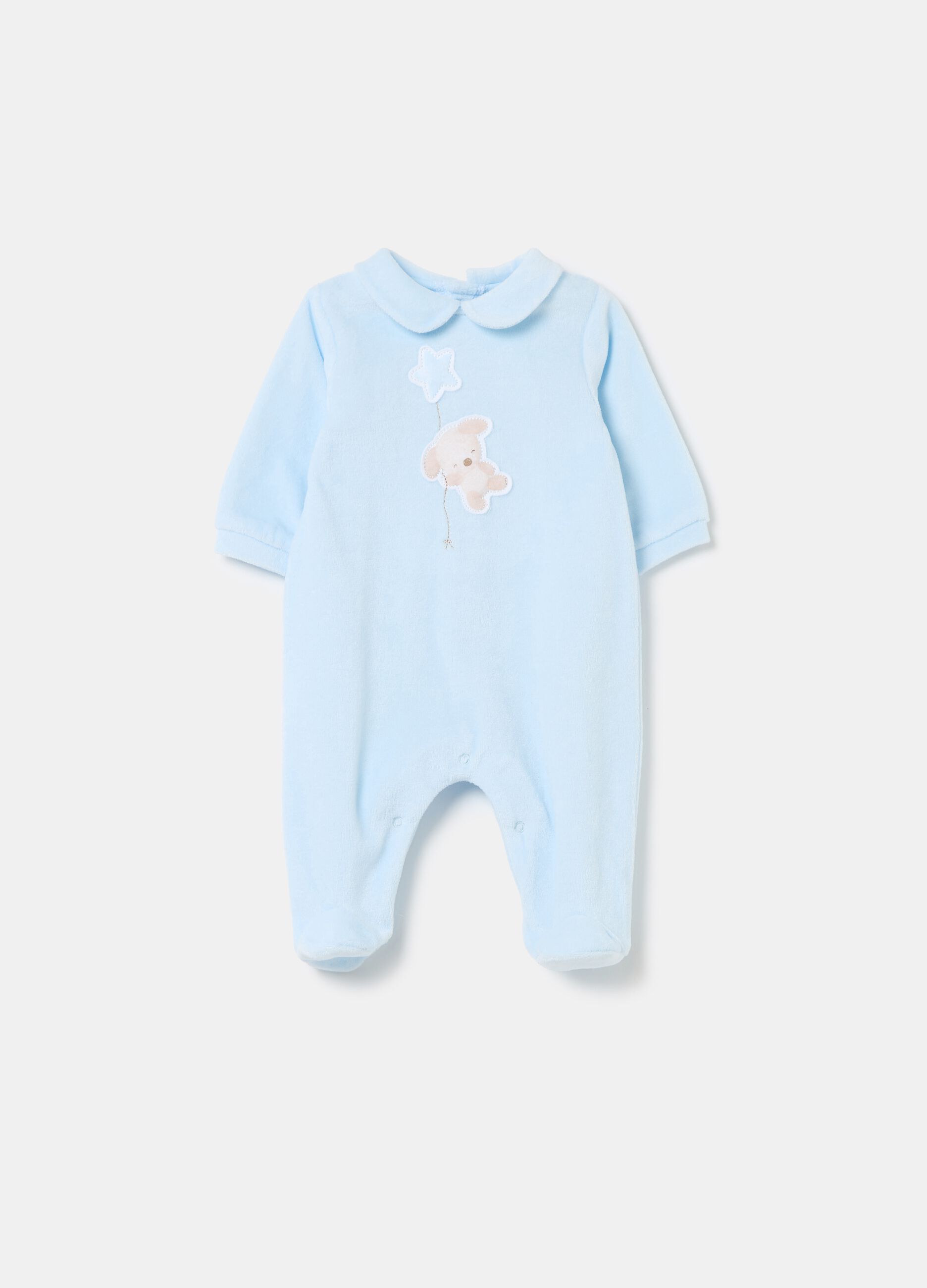 Velour onesie with feet and embroidery