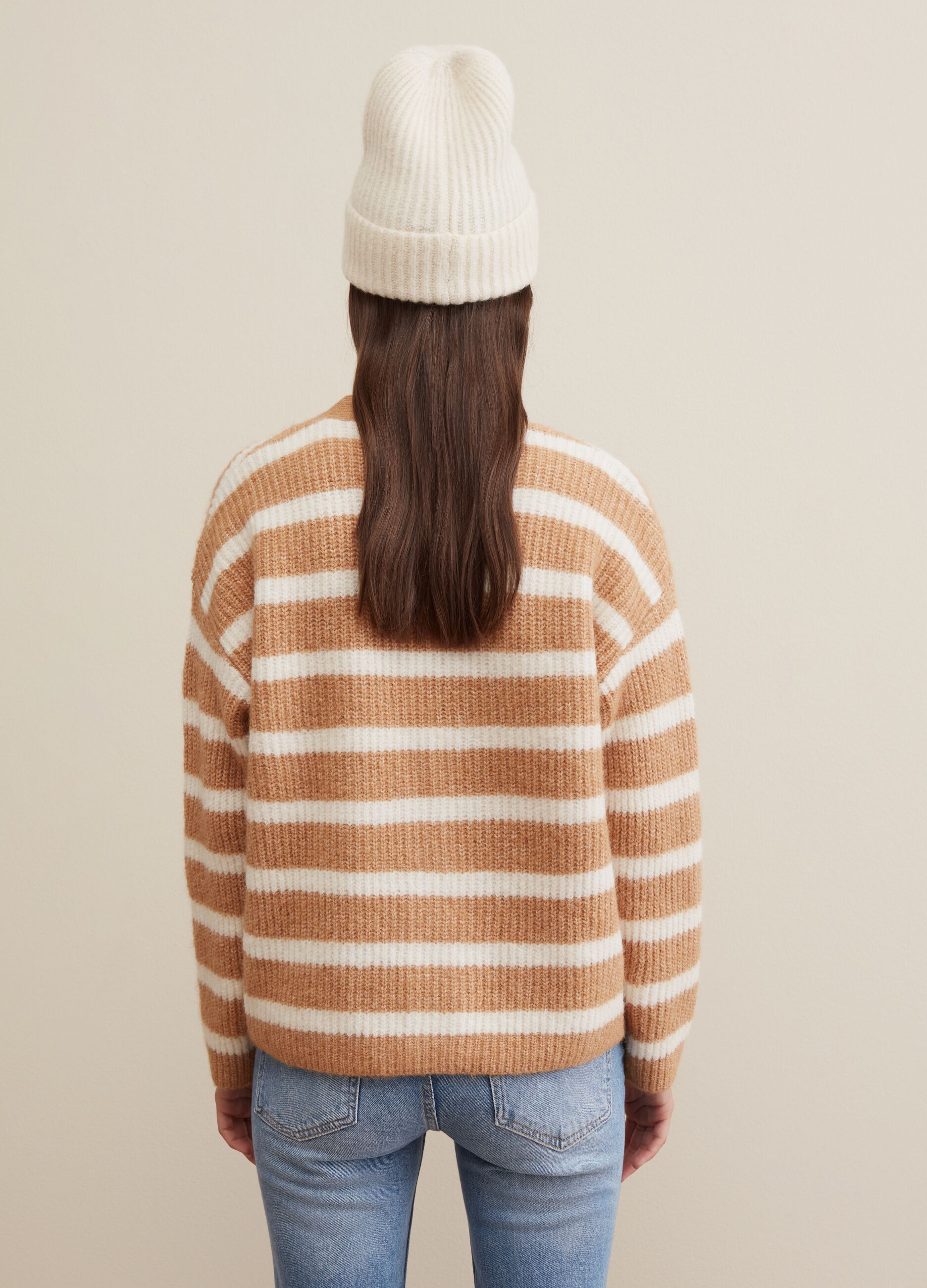 Flat-ribbed cardigan with striped pattern