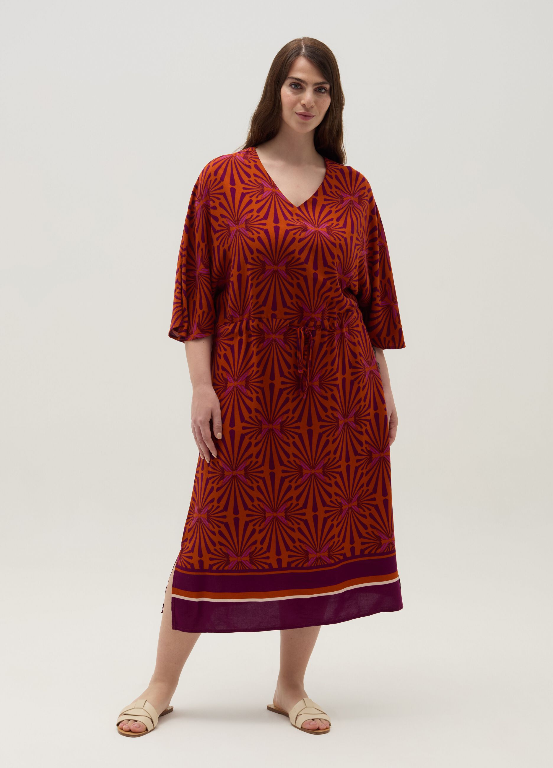Curvy long dress with print in viscose