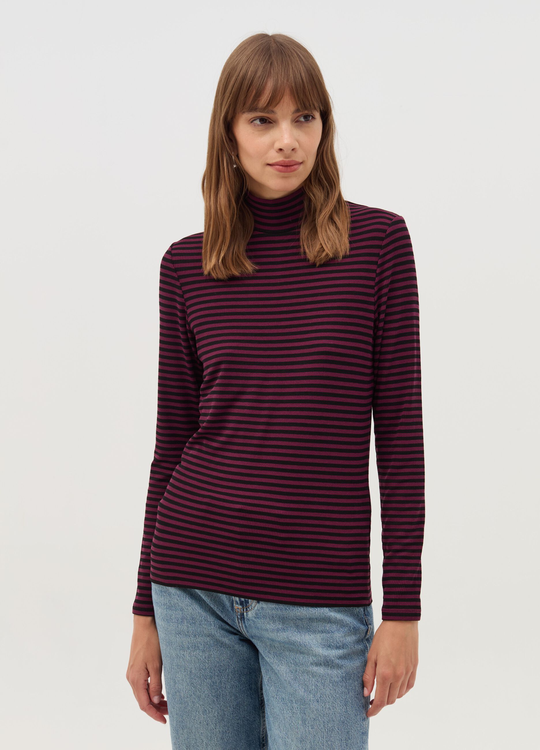 Striped T-shirt with mock neck