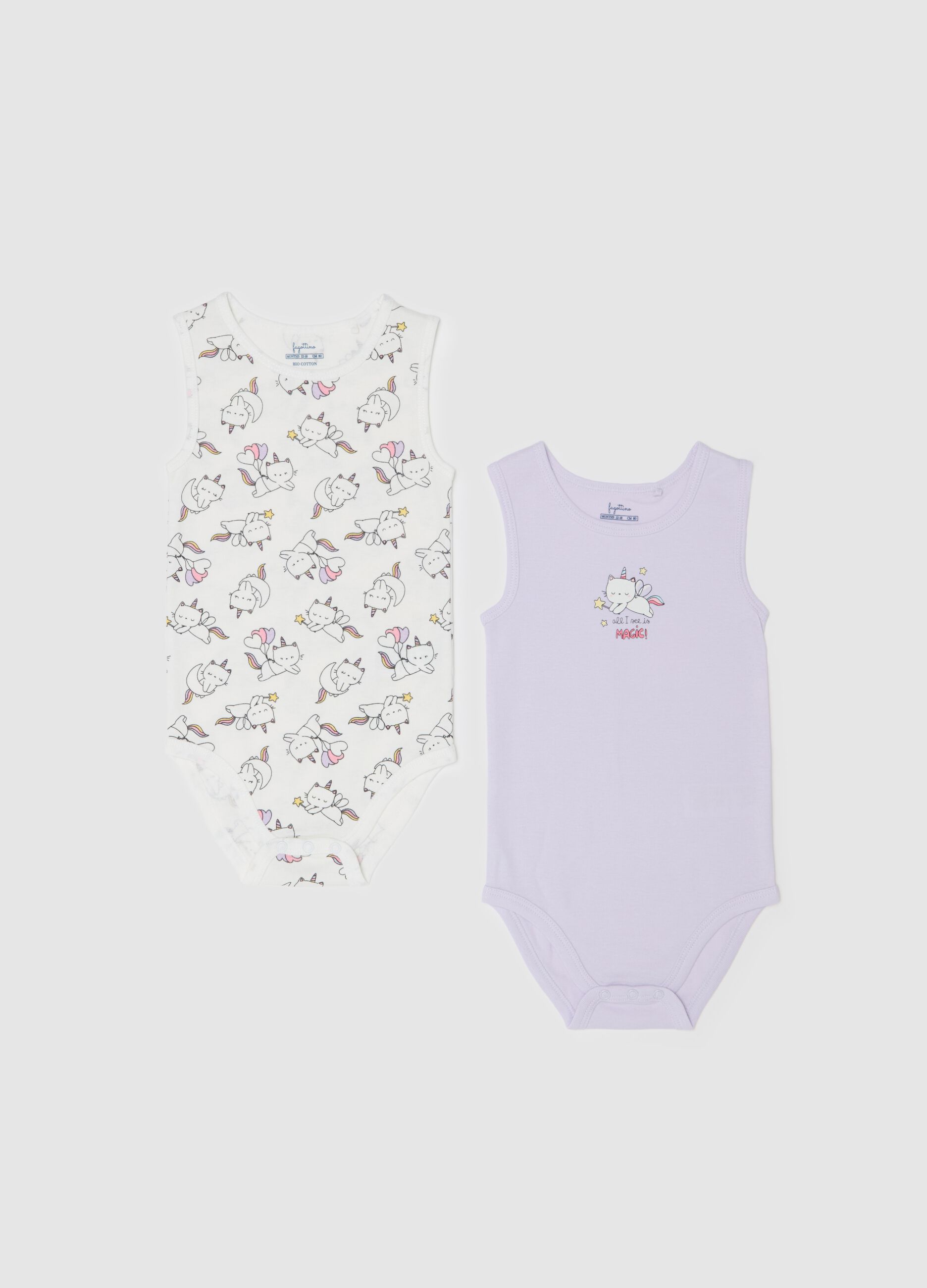 Two-pack bodysuits in organic cotton with unicorn kitten