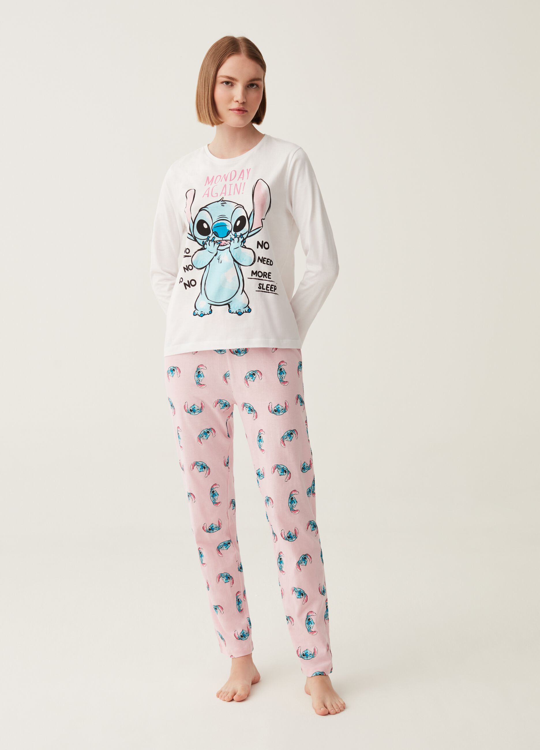 NIGHTWEAR Woman's White/Pink Lilo & Stitch pattern and print pyjamas