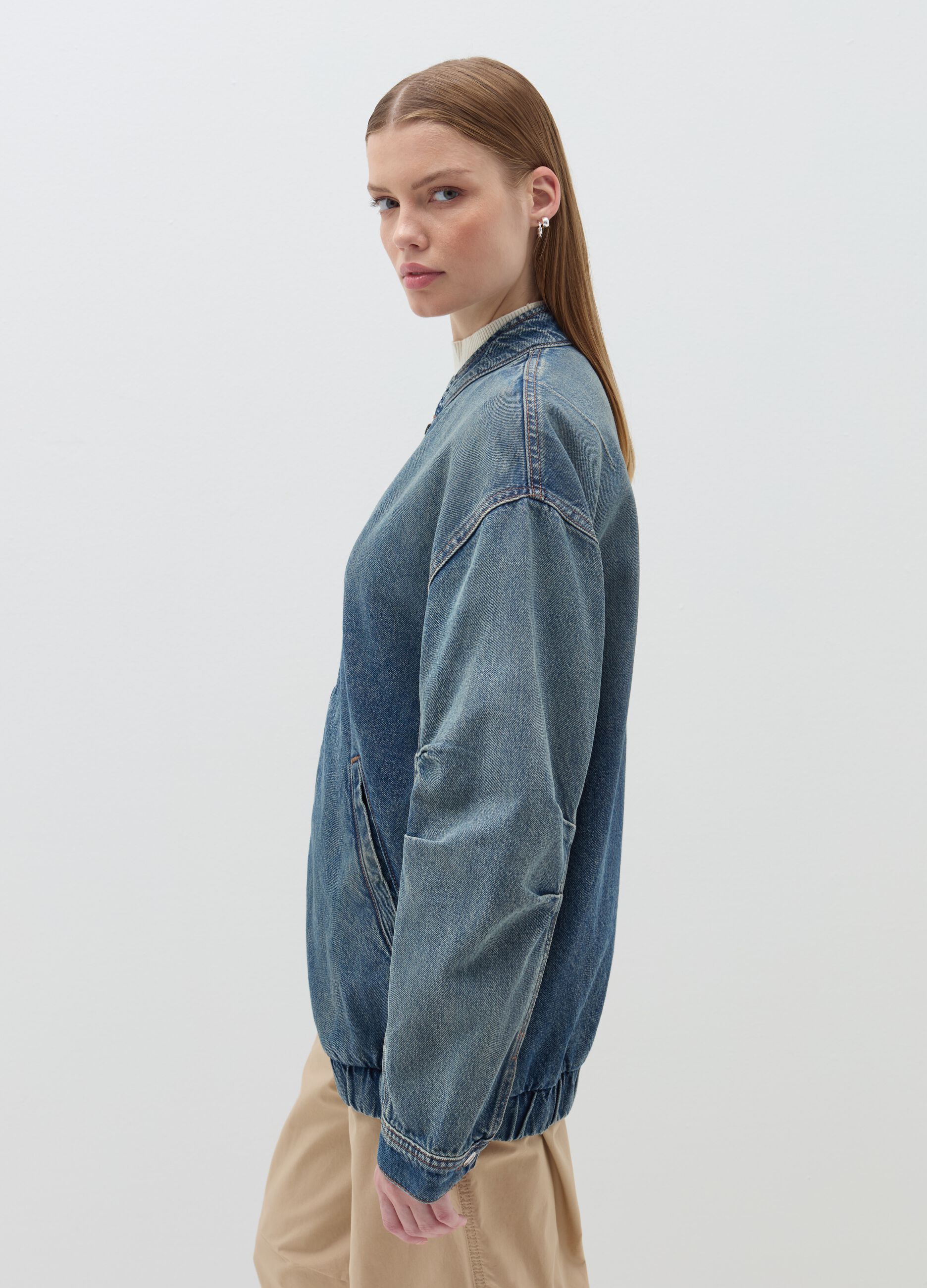 Oversized full-zip bomber jacket in denim