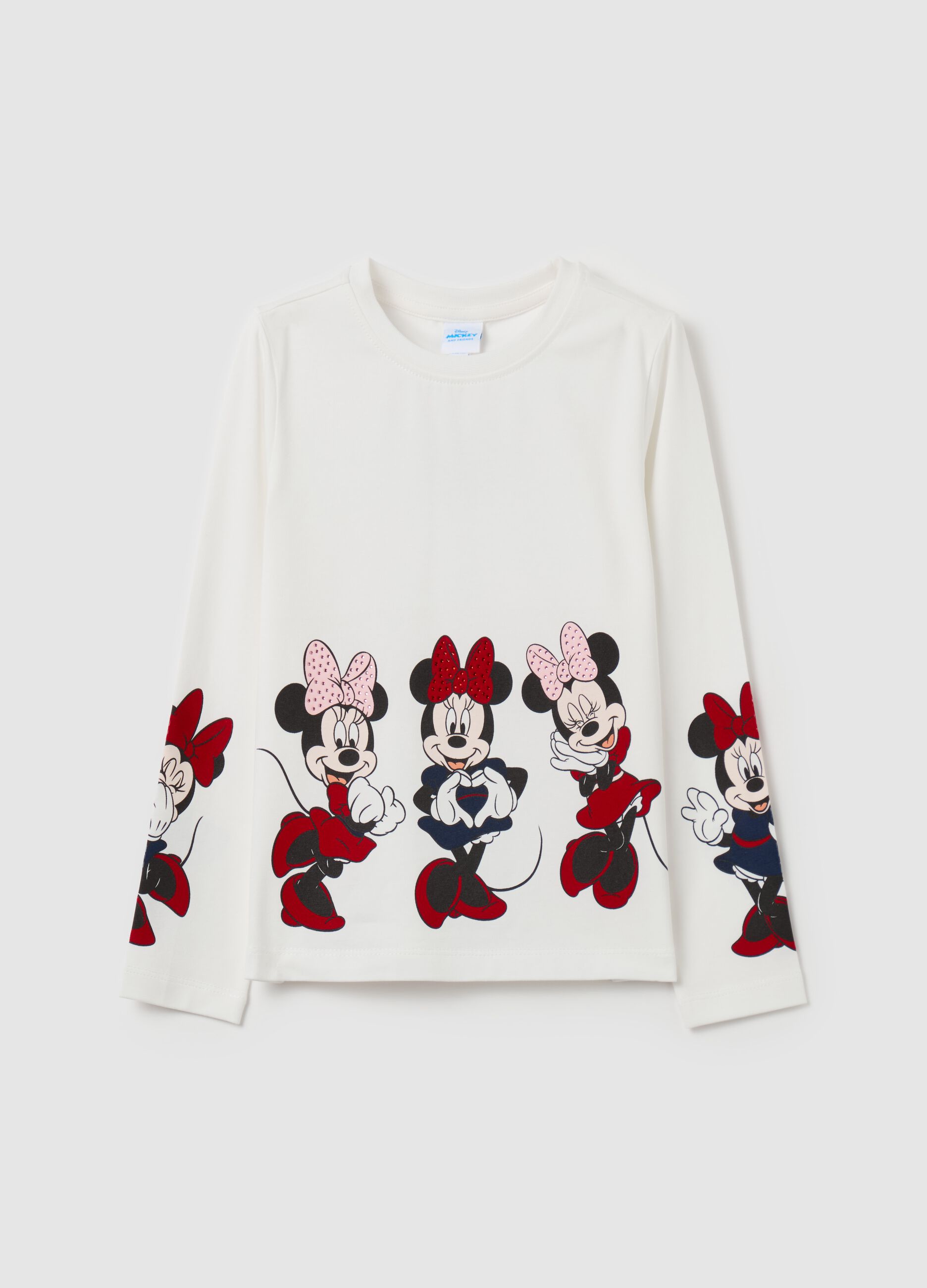 T-shirt maniche lunghe con stampa Minnie e strass