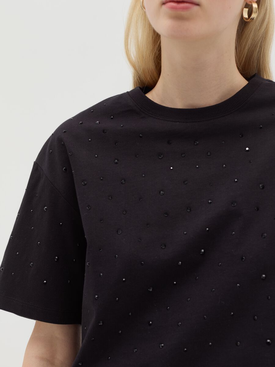 Cotton T-shirt with diamanté motifs_3