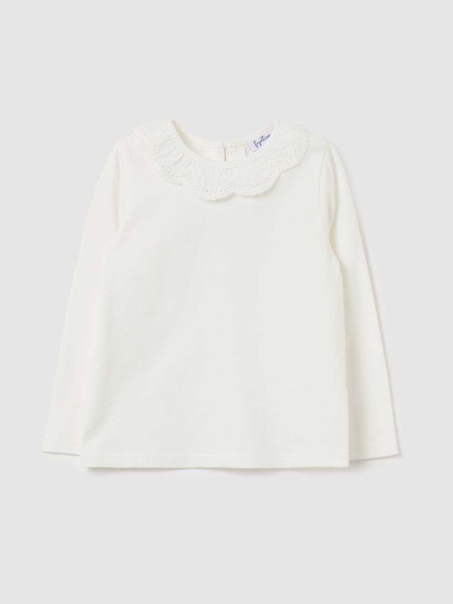 Long-sleeved T-shirt with broderie anglaise collar_0