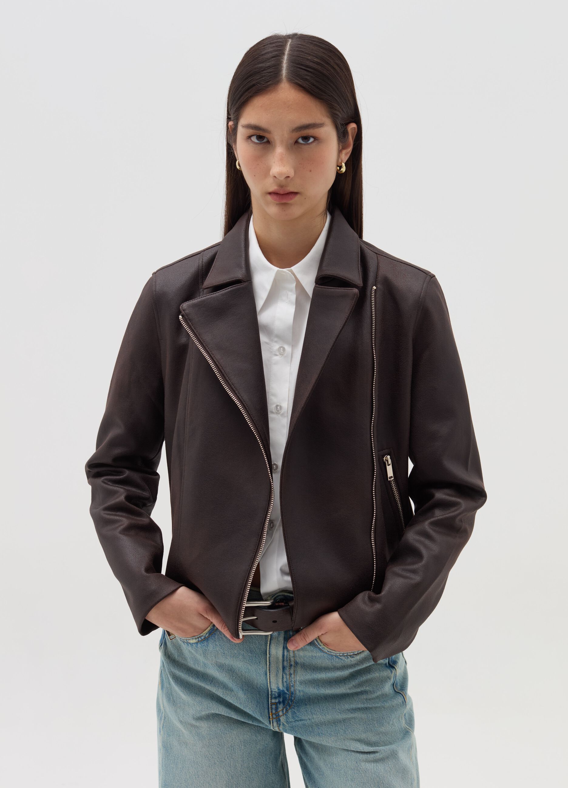 Glossy-effect biker jacket with zip