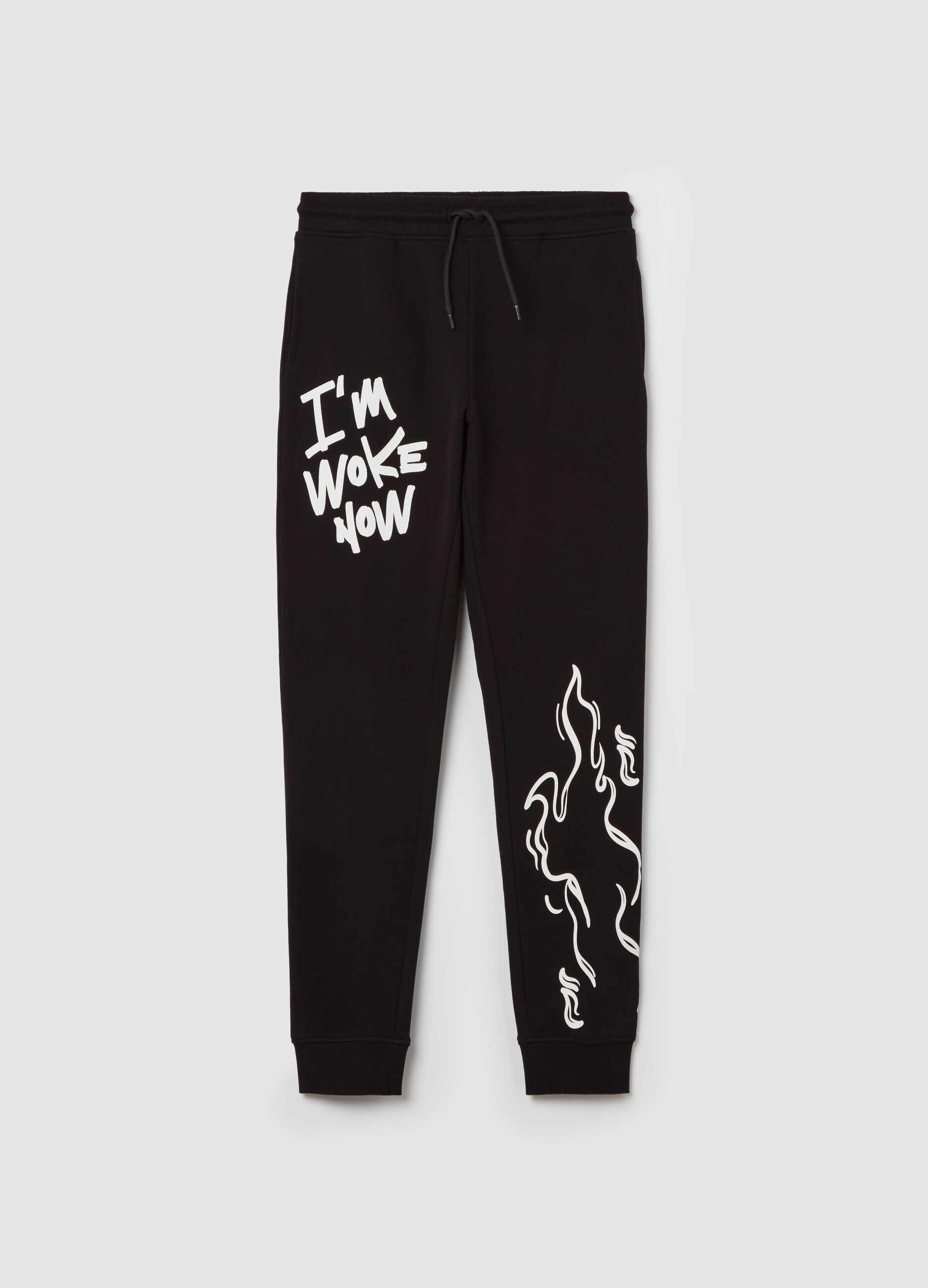 Joggers with drawstring and flames and lettering print