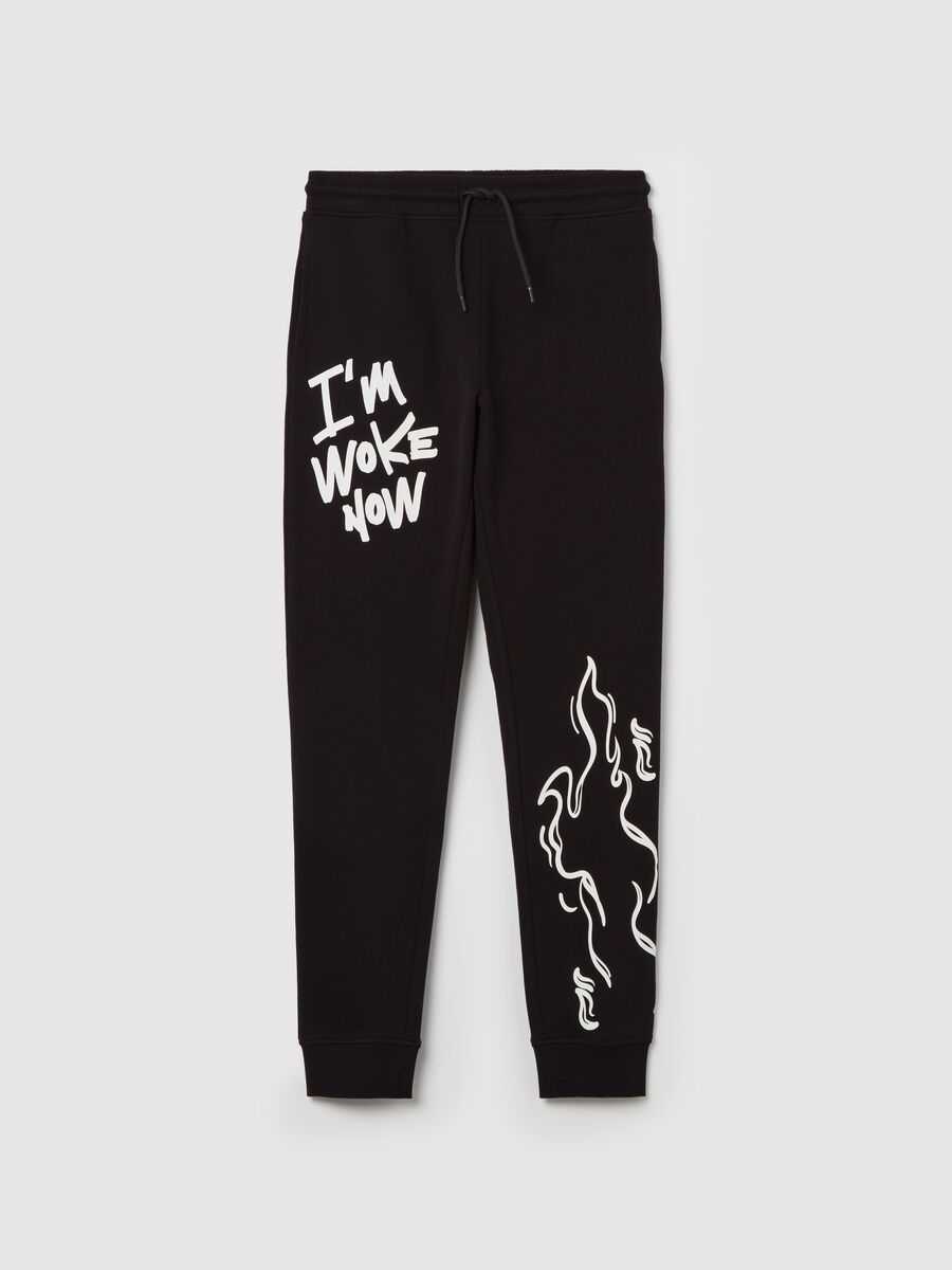 Joggers with drawstring and flames and lettering print_0