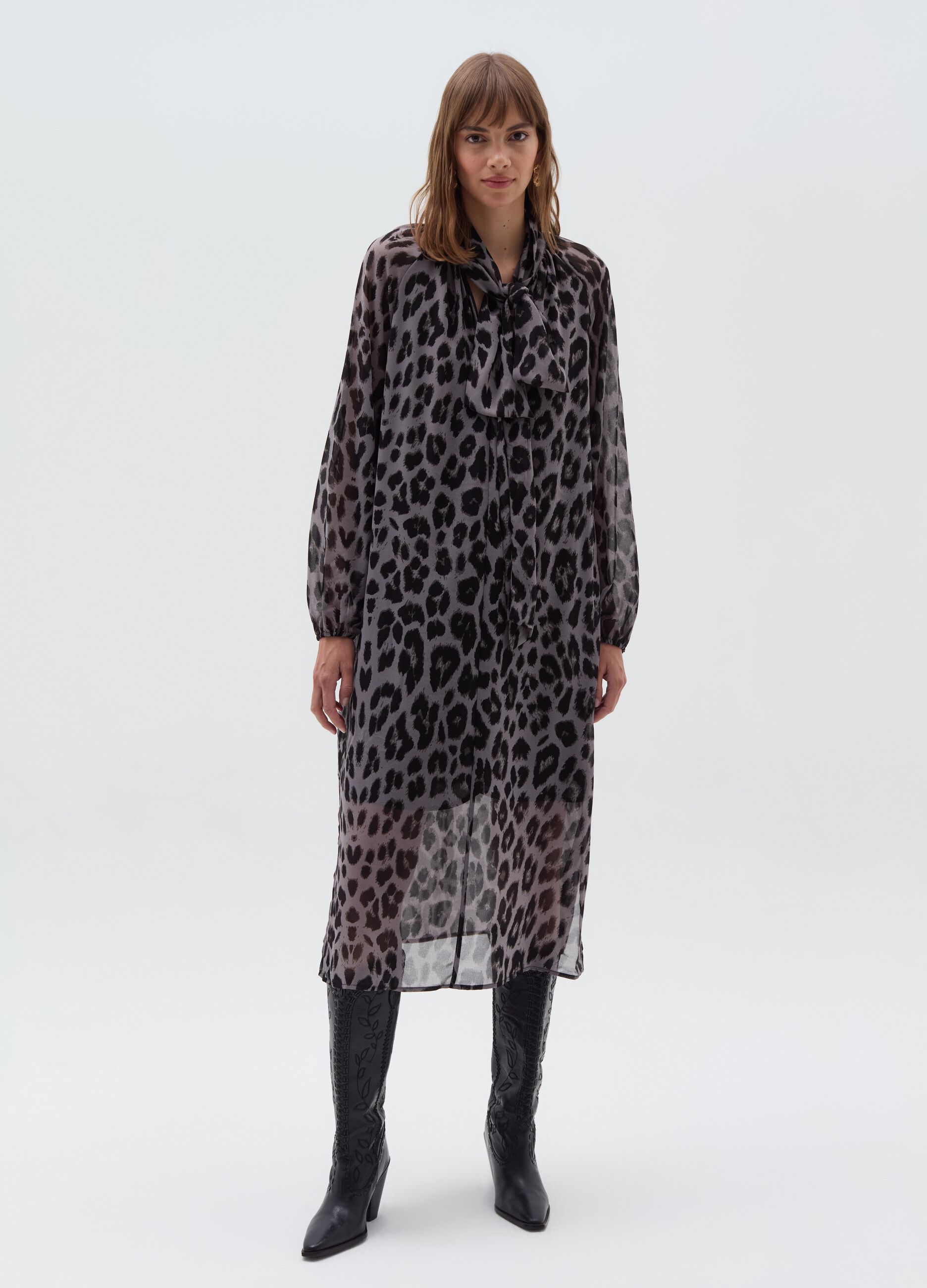 Long animal print dress with scarf