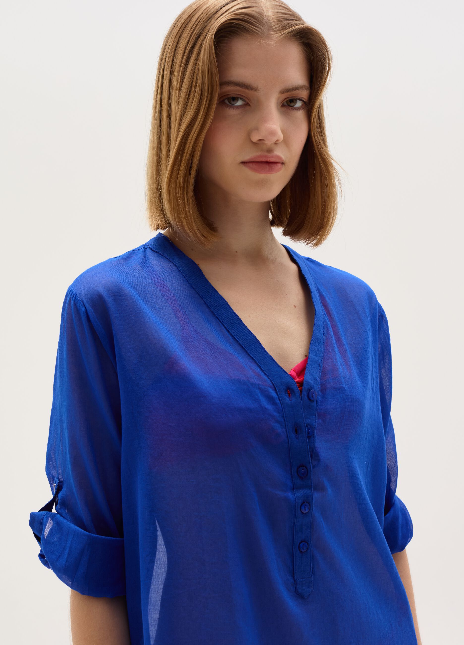 Long beach cover-up shirt in cotton