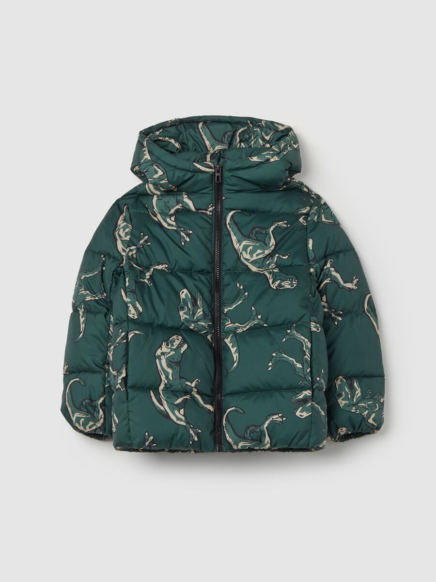 Down jacket with hood and dinosaurs print_0