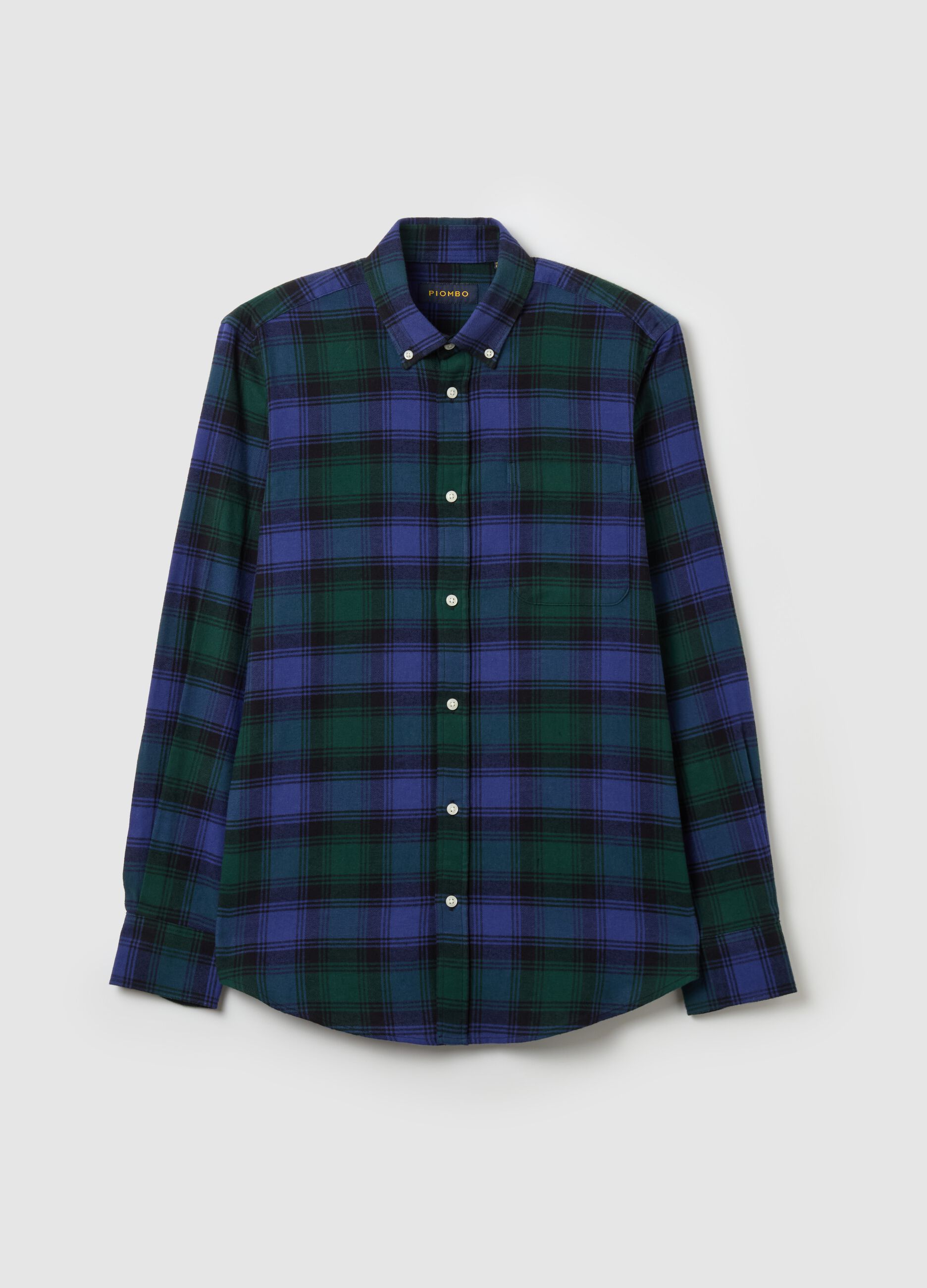 Flannel shirt with check pattern and button-down collar