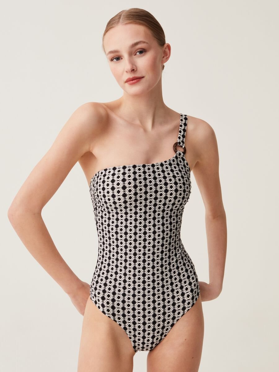 Single-shoulder one-piece jacquard swimsuit_0