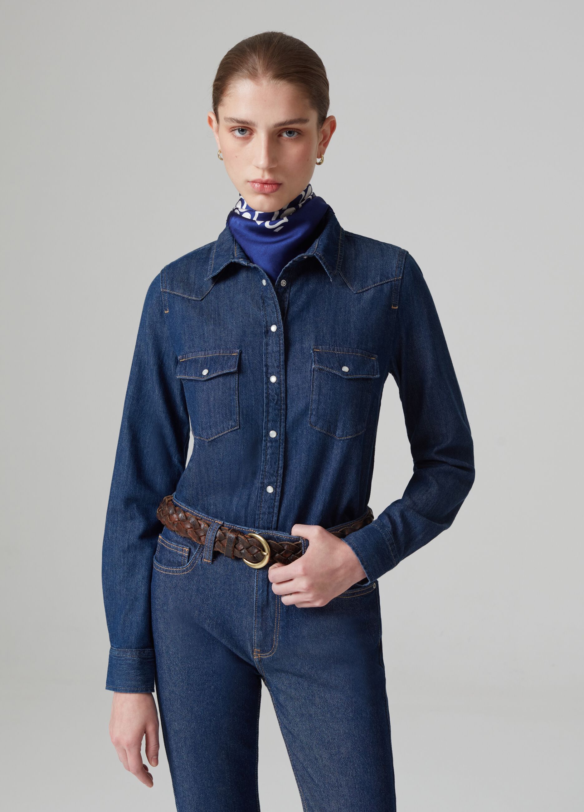 Denim western shirt with pearl buttons