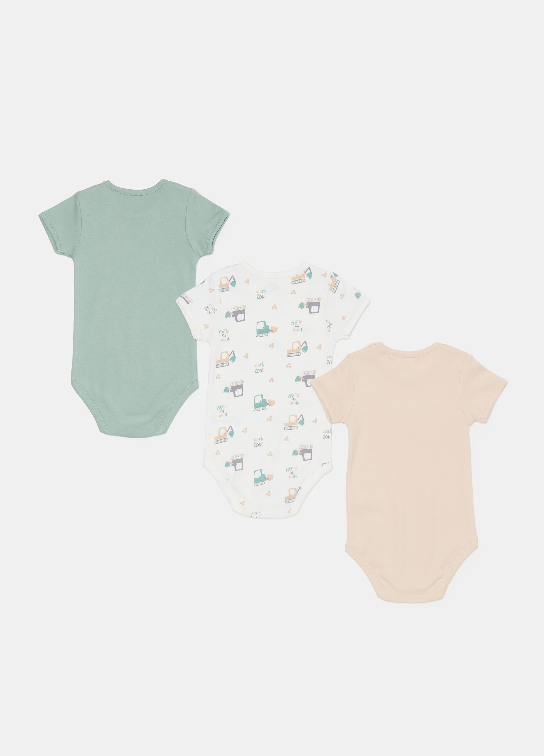 Three-pack bodysuits in organic cotton with excavator print