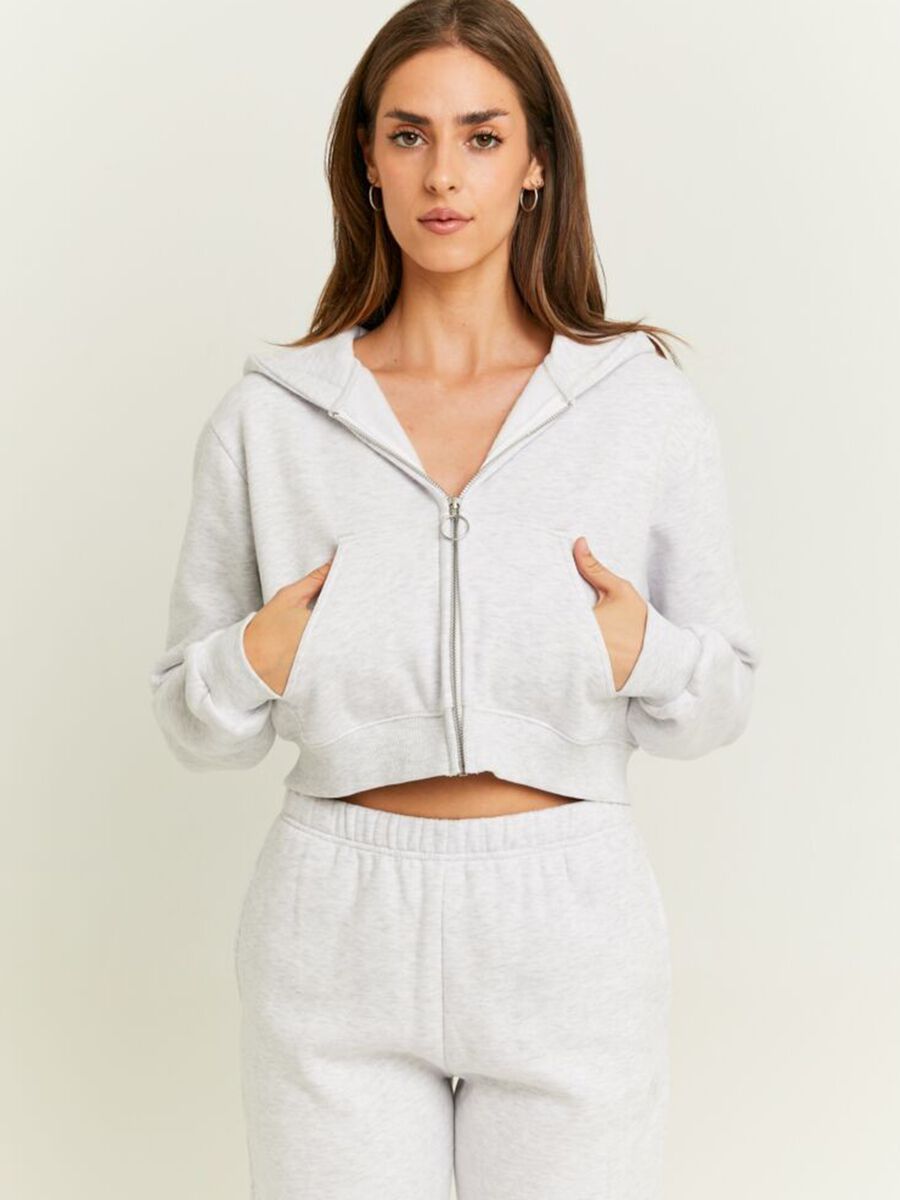 Full-zip crop sweatshirt in fleece with hood_1