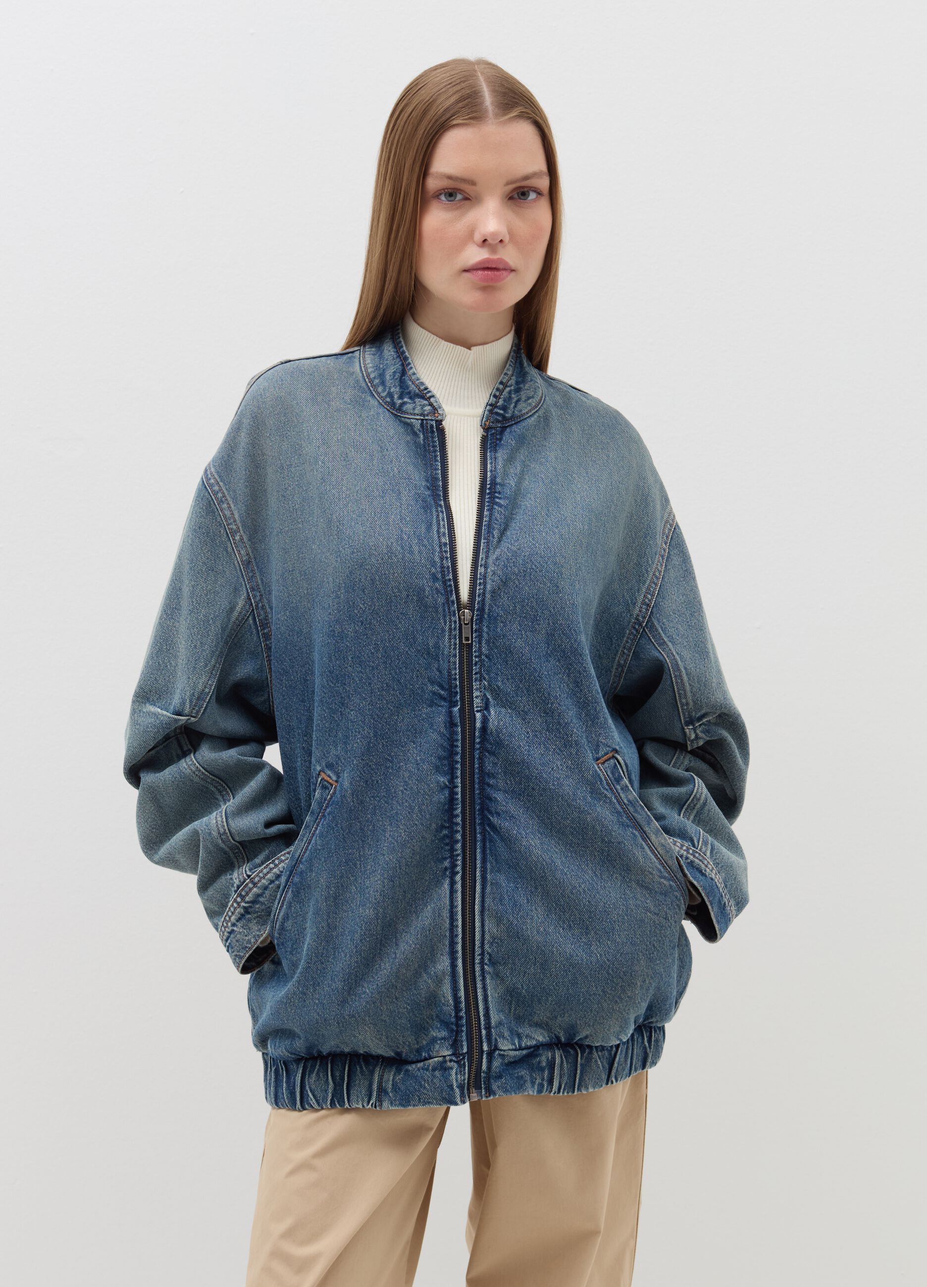 Oversized full-zip bomber jacket in denim