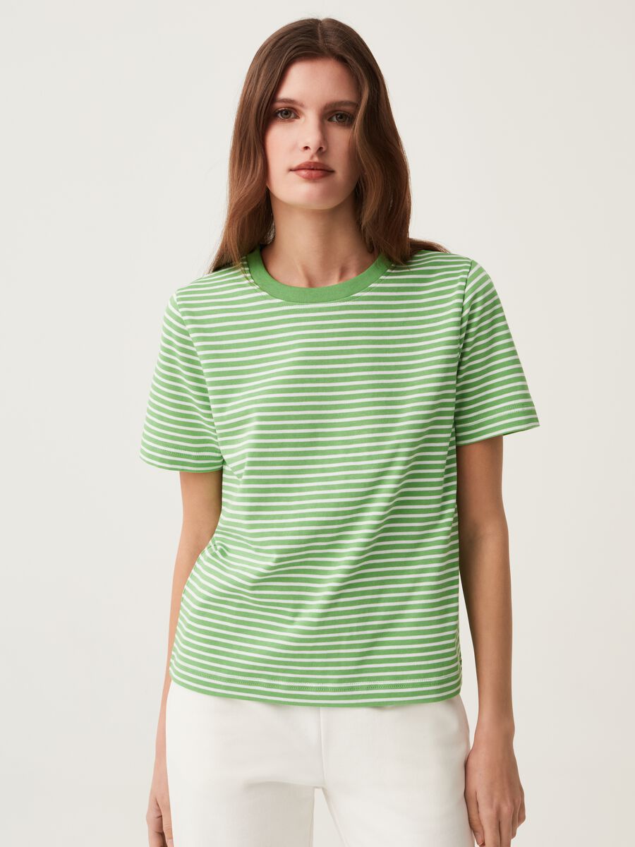 Fitness T-shirt with round neck in striped cotton_1