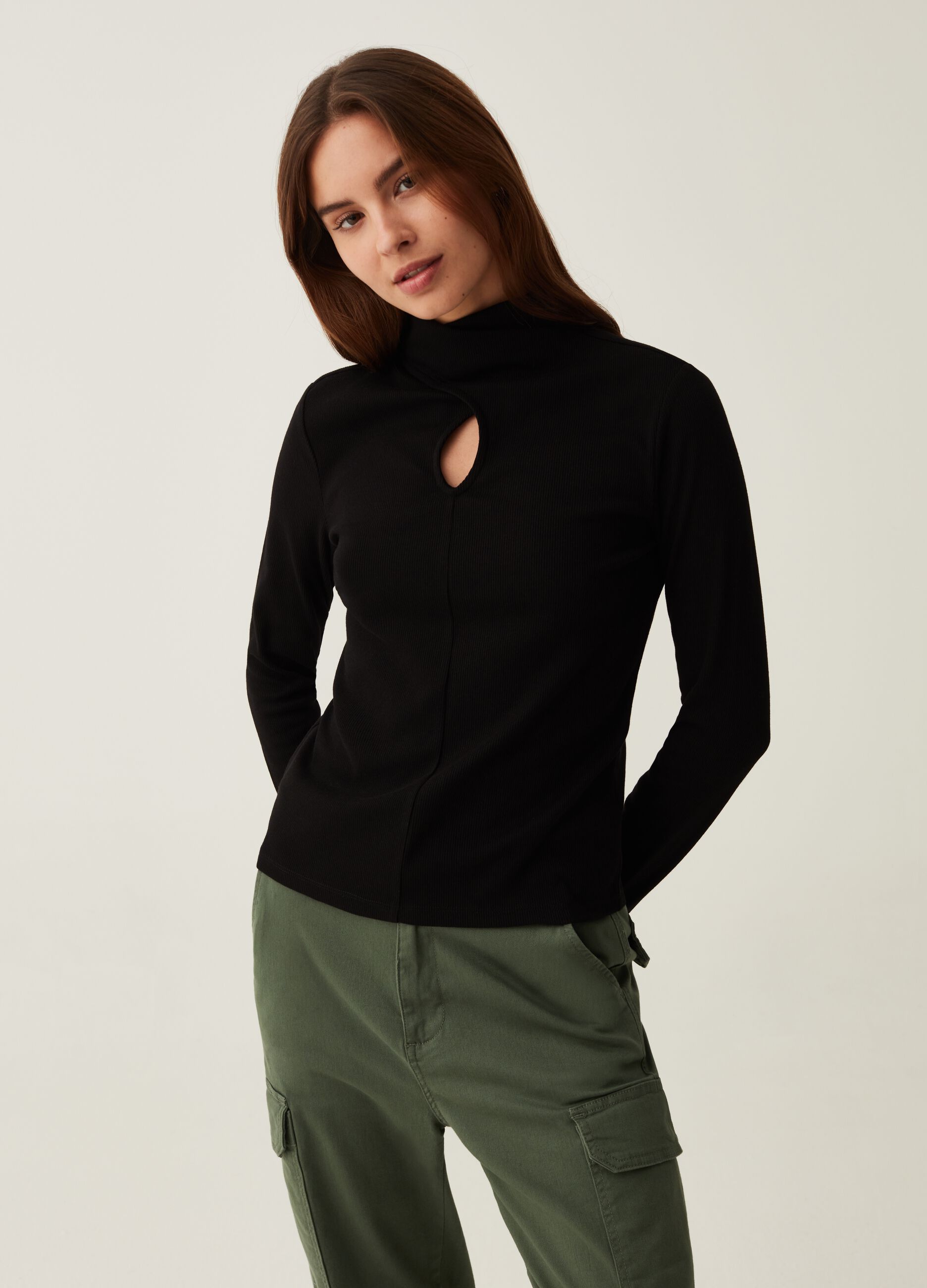 T-shirt with mock neck and cut-out detail