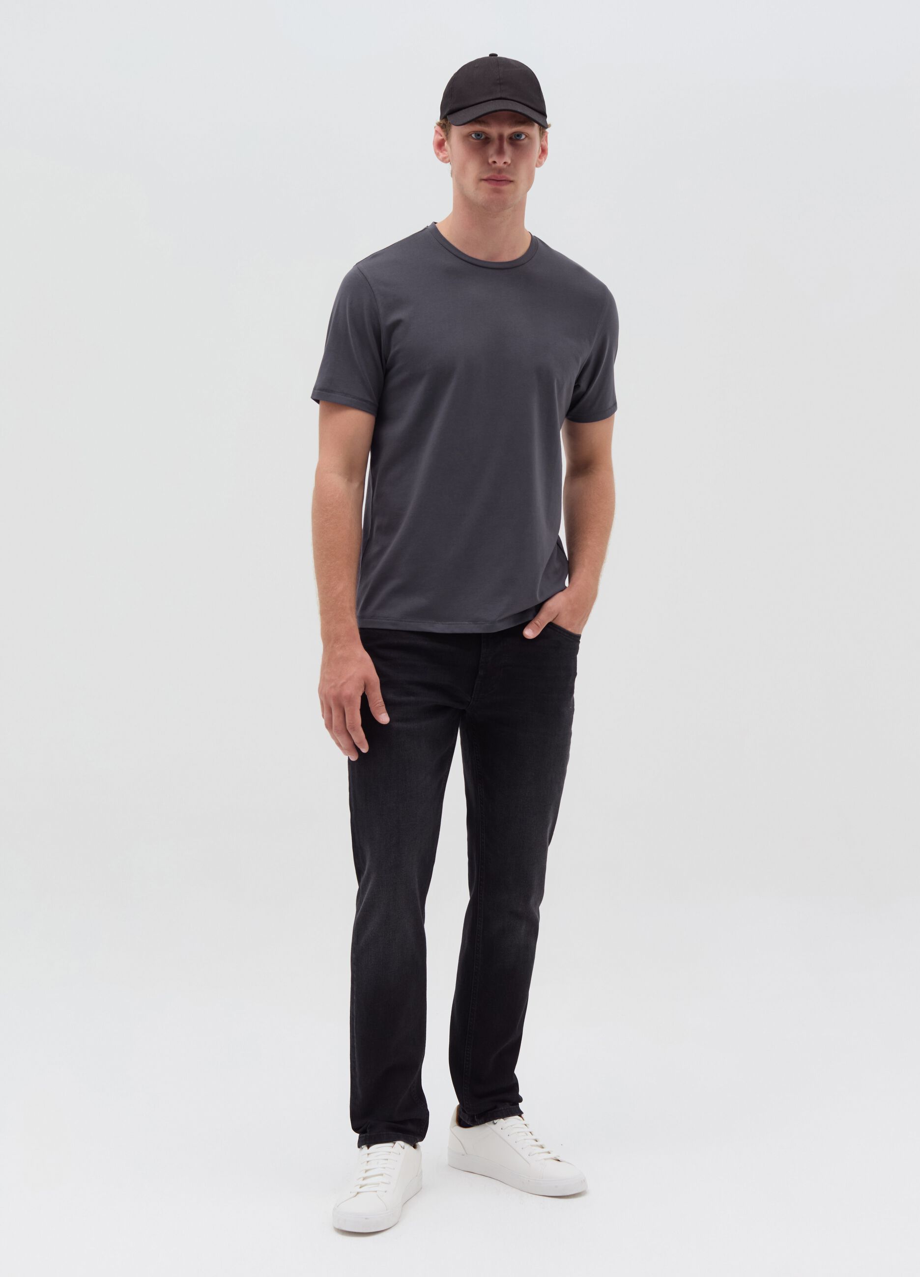 Stretch cotton T-shirt with crew-neck