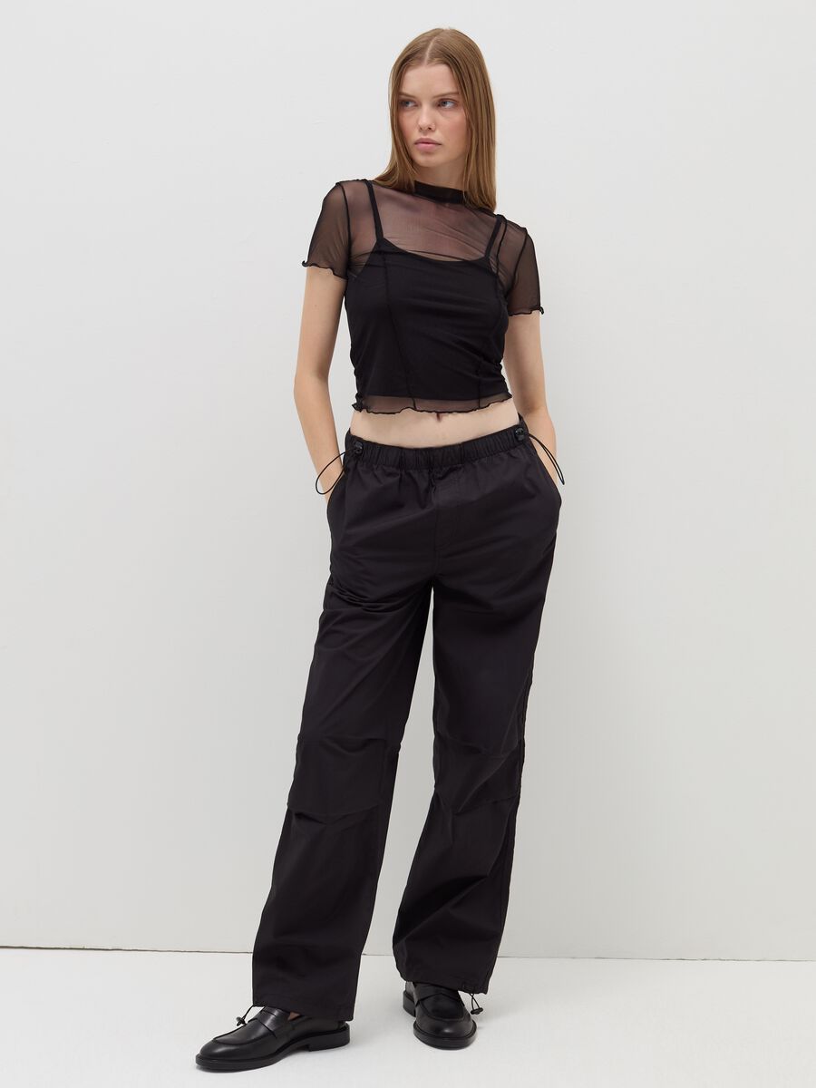 Crop T-shirt in mesh with wavy edging_0