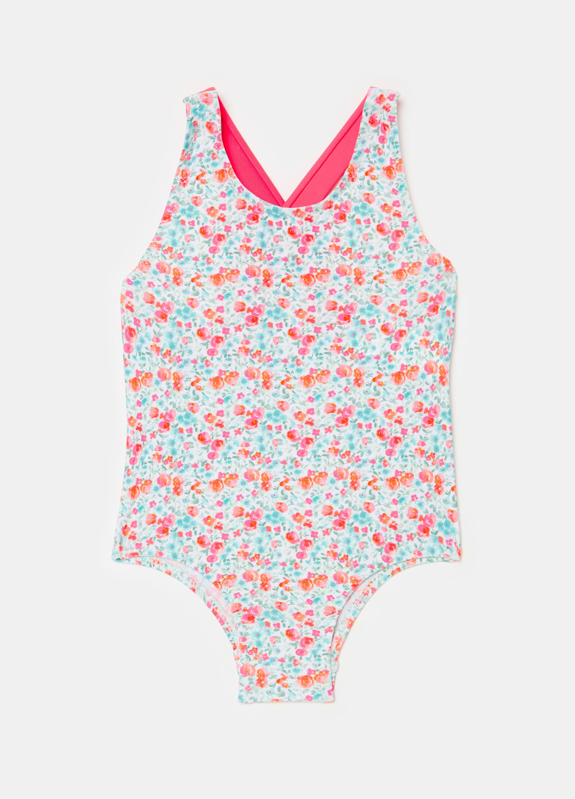 One-piece swimsuit with floral pattern and bow