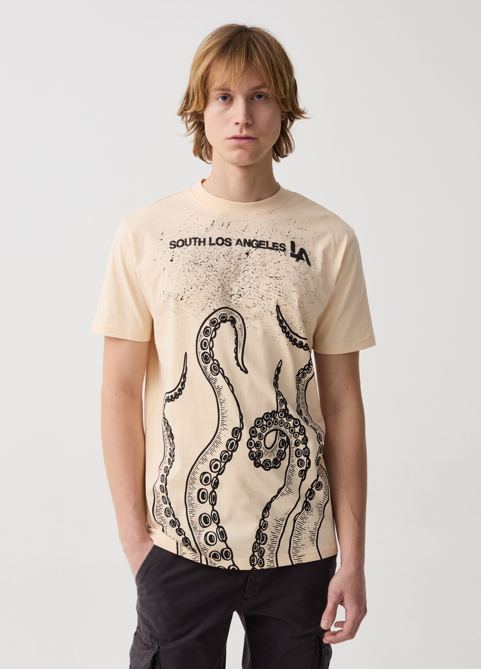 Cotton T-shirt with tentacles print