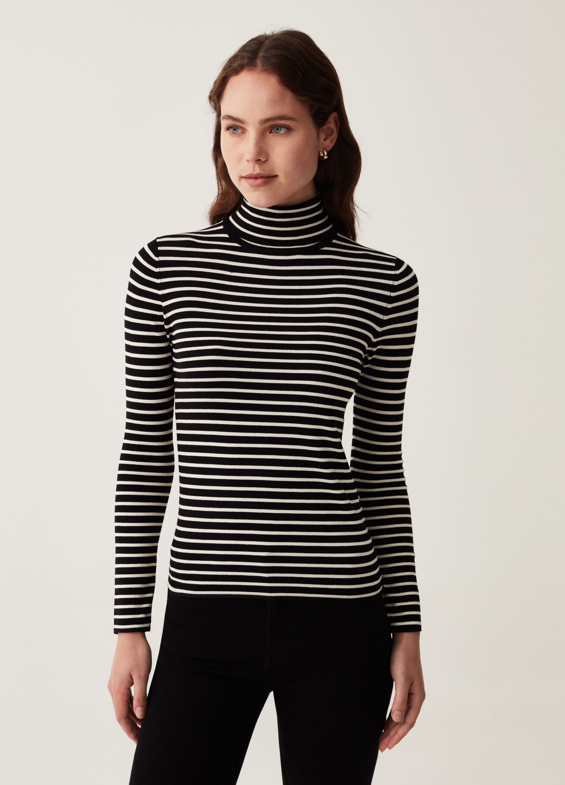 T-shirt with high neck and striped pattern