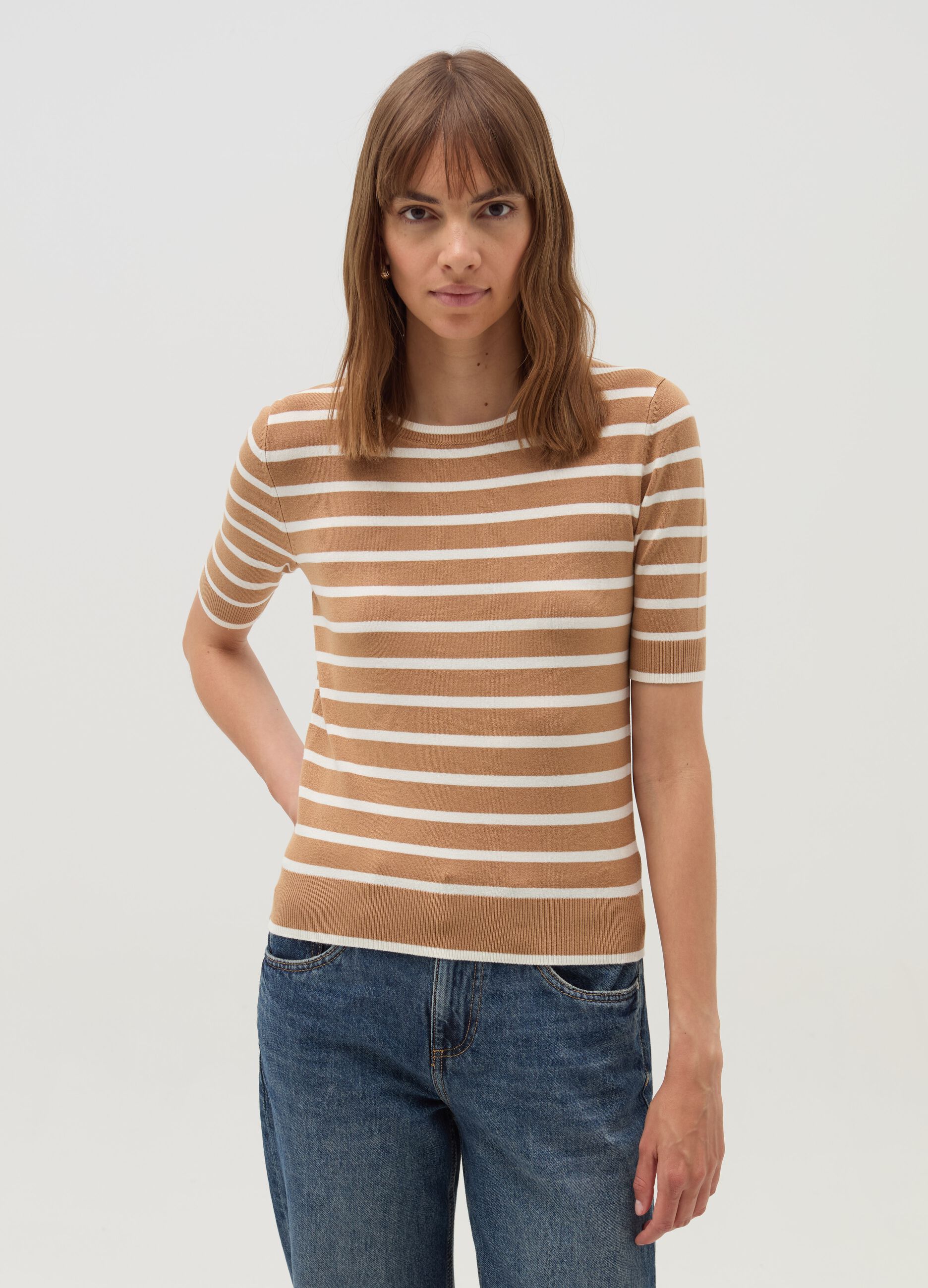 Short-sleeved top with striped pattern