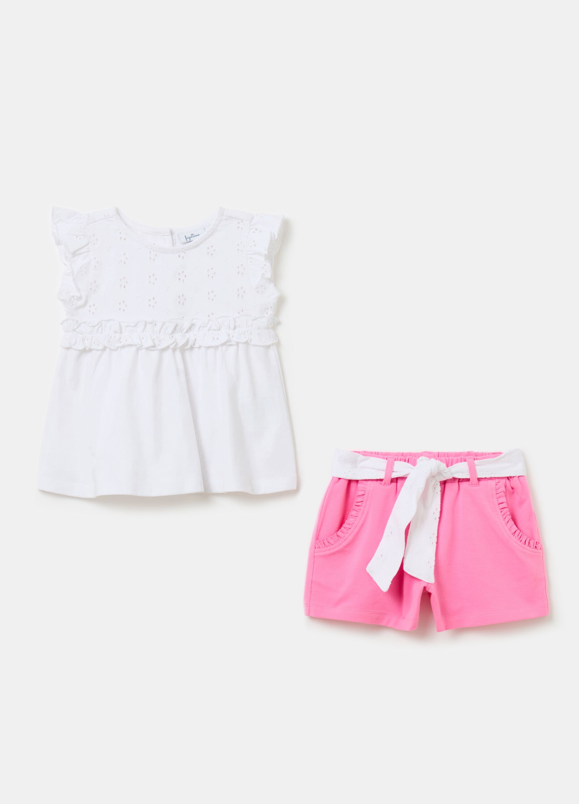 T-shirt and shorts set with broderie anglaise details