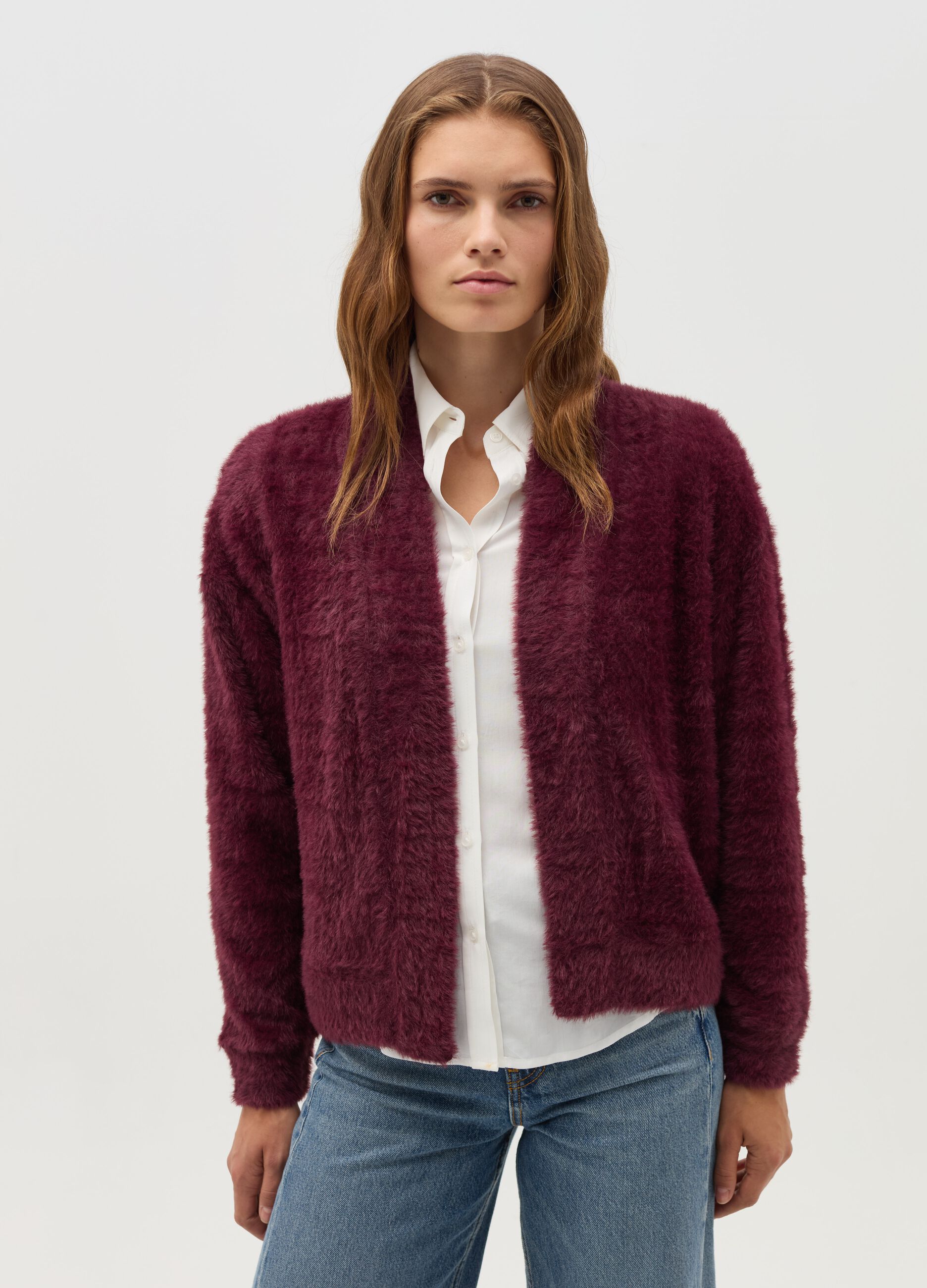 Open cardigan in furry yarn