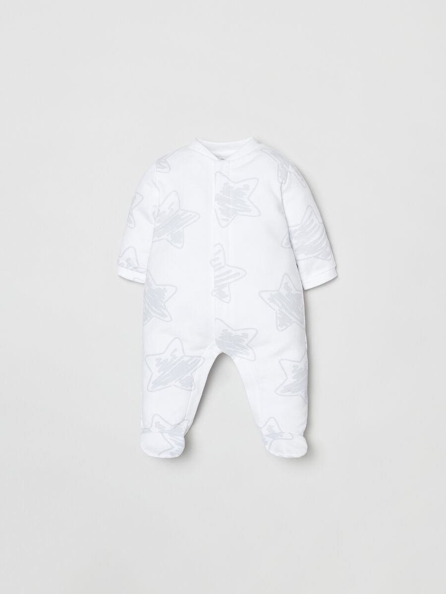 Stretch cotton onesie with feet and stars print_0