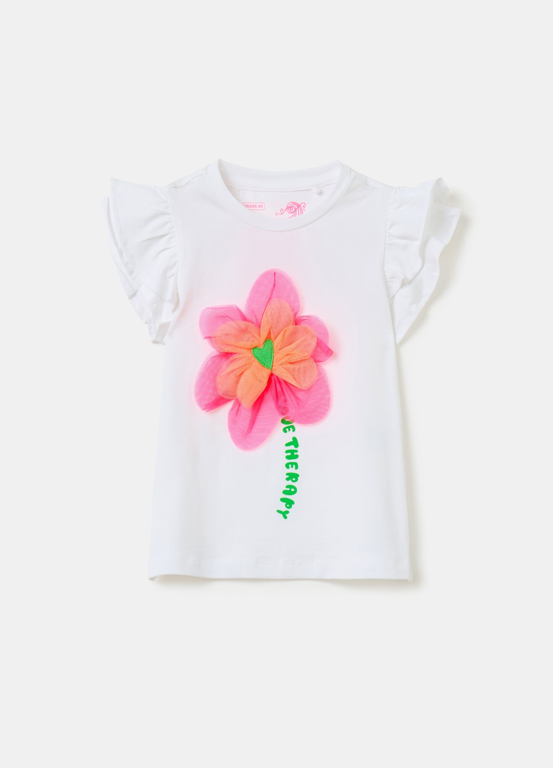T-shirt con volant e fiore in tulle