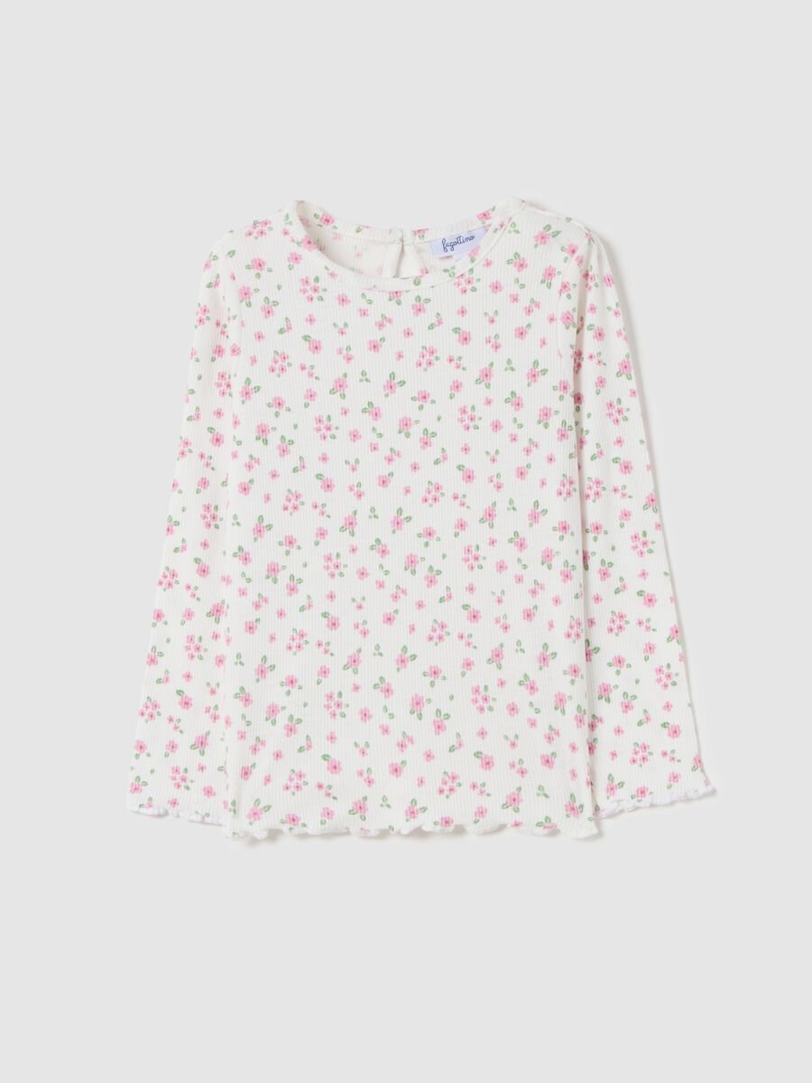 Ribbed T-shirt with floral pattern_0