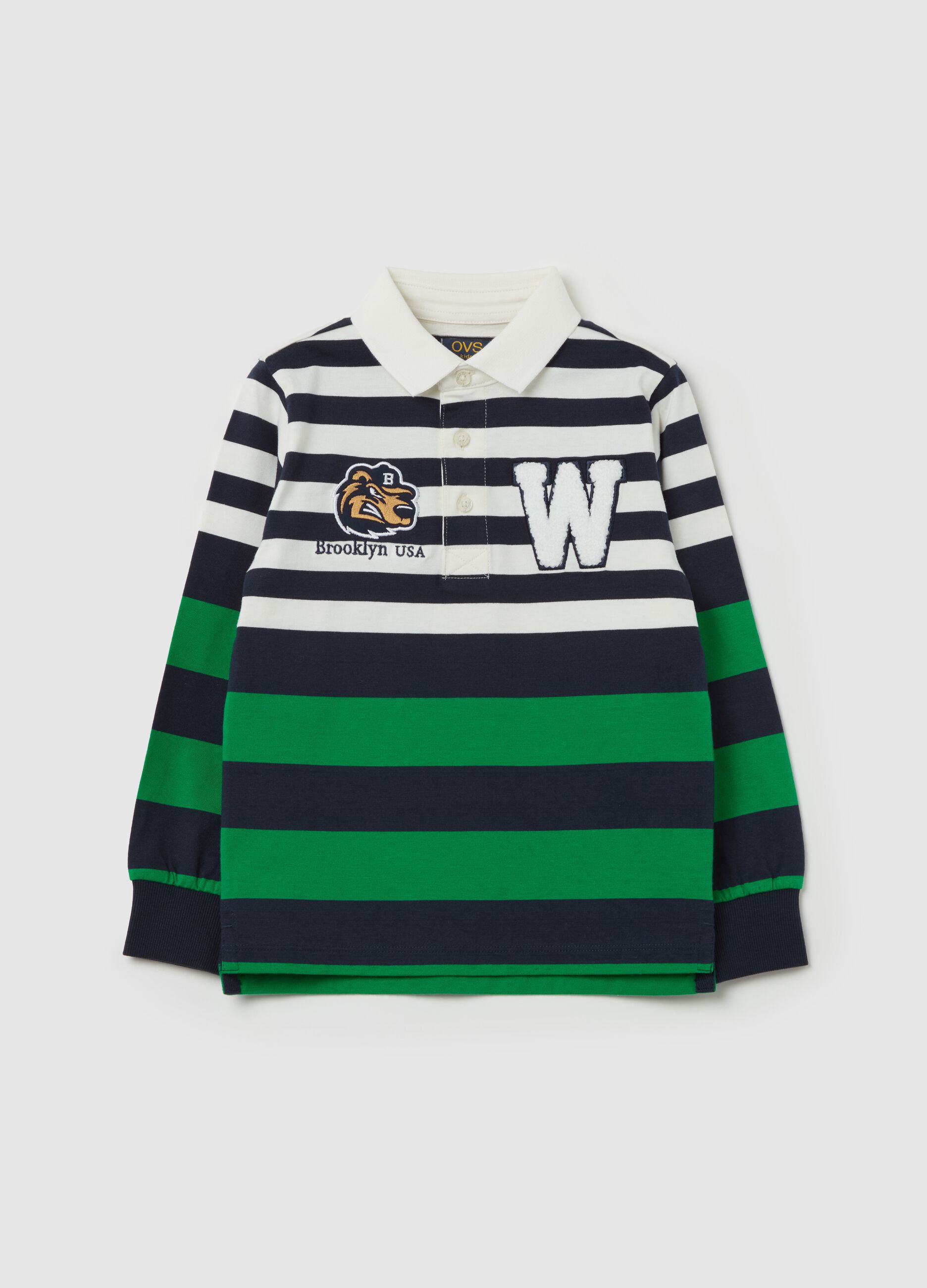 Polo shirt with long striped sleeves and bouclé patch